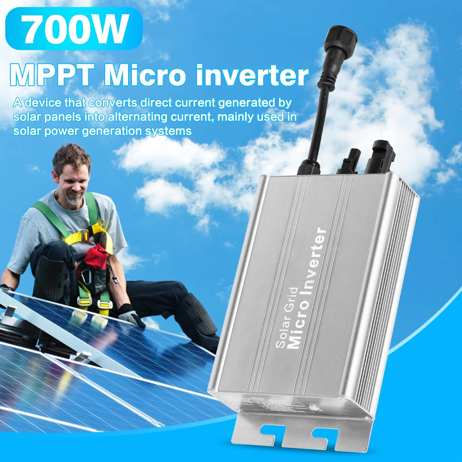 DEWIN Microinversor, Microinversor Solar 700W 230V Inversor de Onda Sinusoidal Conectado A la Red IP55 Inversor de Conexión A la Red Solar de Aleación de Aluminio A Prueba de Agua