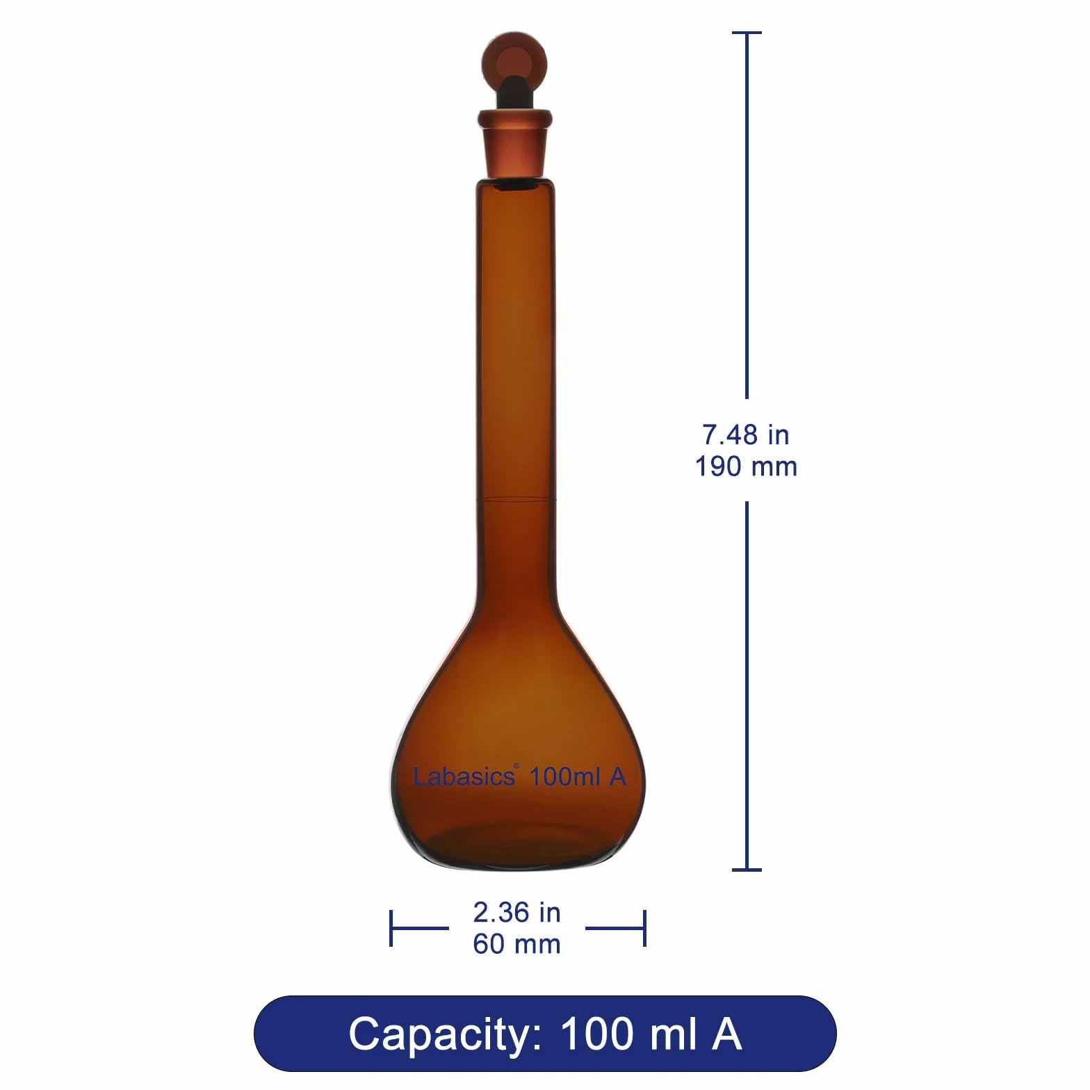 Labasics Matraz Aforado ámbar 100 ml Vidrio Borosilicato Clase A Tapón Vidrio Marrón
