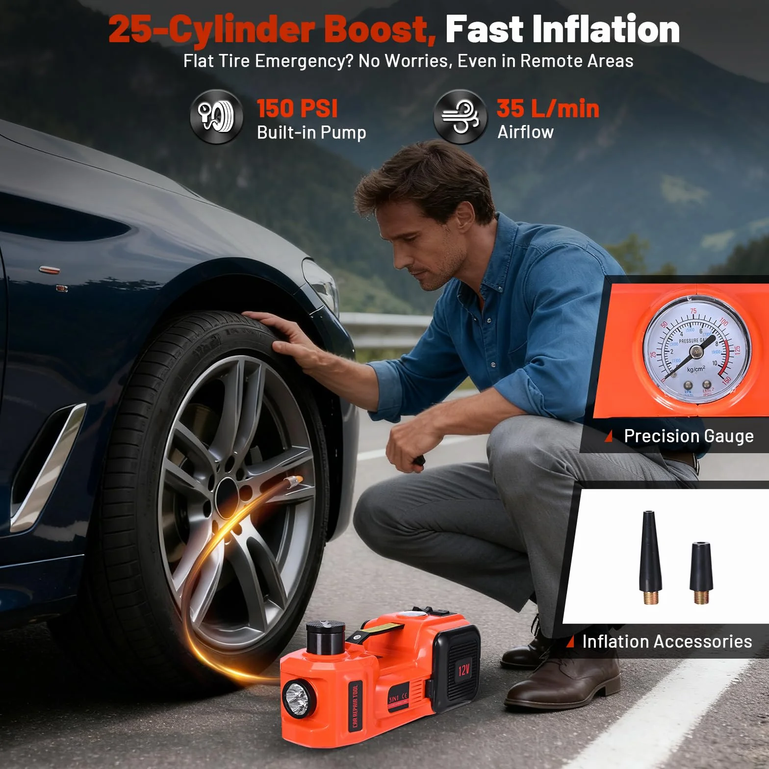 Gato hidráulico eléctrico 5T, elevación 155 – 450 mm, operación con un botón, alimentación doble, con llave de impacto y compresor de aire, maletín portátil, 3 en 1 para mantenimiento de vehículos