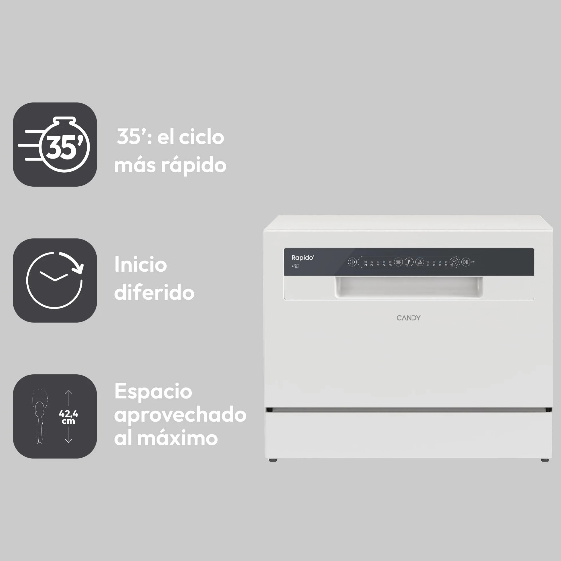 Candy CP 6E51LW Lavavajillas de sobremesa Compacto, 6 Servicios, Digital, 51dBA, 5 Ciclos, Media Carga, Inicio Diferido, Blanco