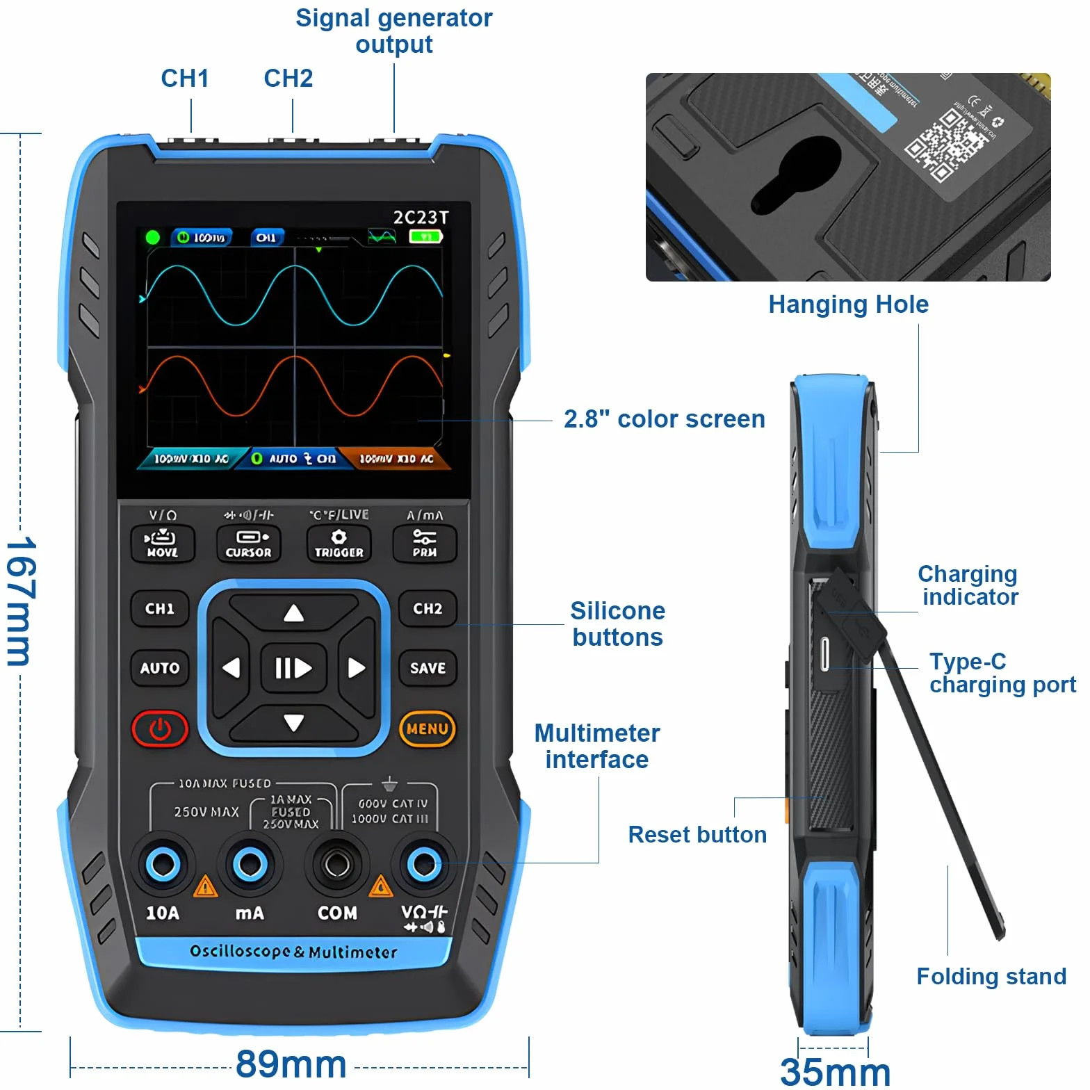Osciloscopio Multímetro 2 Canales, WapoRich 3 en 1 Profesional Osciloscopio Portátil con 10MHz, 50 MSa/s, TRMS 9999 Cuentas, 7 Formas de Onda para Laboratorio, Automocion