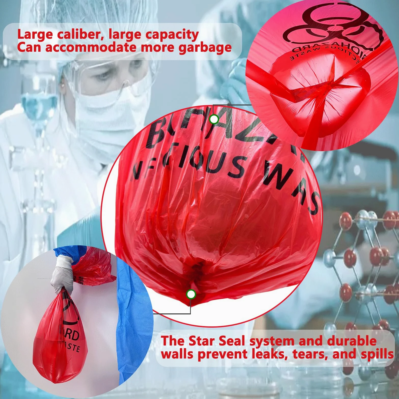 Bolsas de basura Biohazard de 62 cm, bolsas de eliminación de residuos infecciosos seguras de 10 galones, forro de basura rojo, bolsas sin fugas, grado médico (100 unidades de 62 x 62 cm)