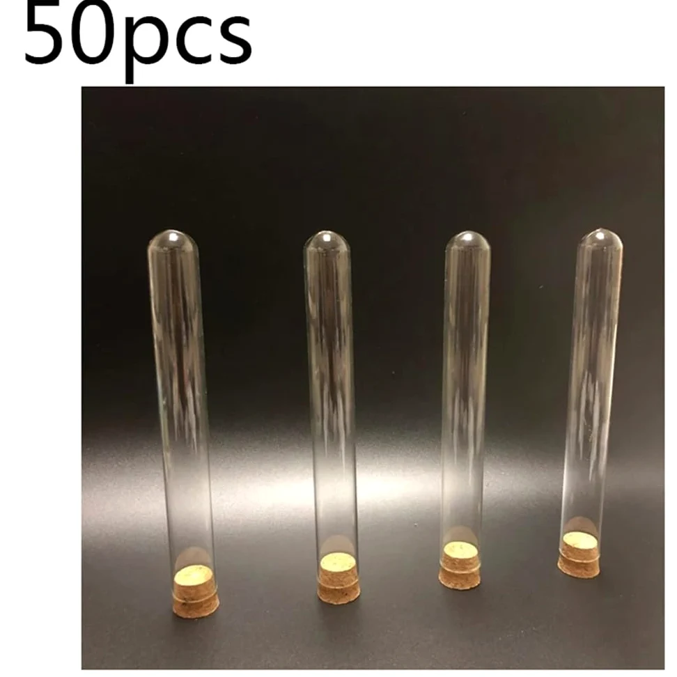 Prueba de vidrio, Paquete de 50 tubos de ensayo de vidrio de fondo redondo de 18 x 180 mm y 30 ml con tapón for laboratorio.