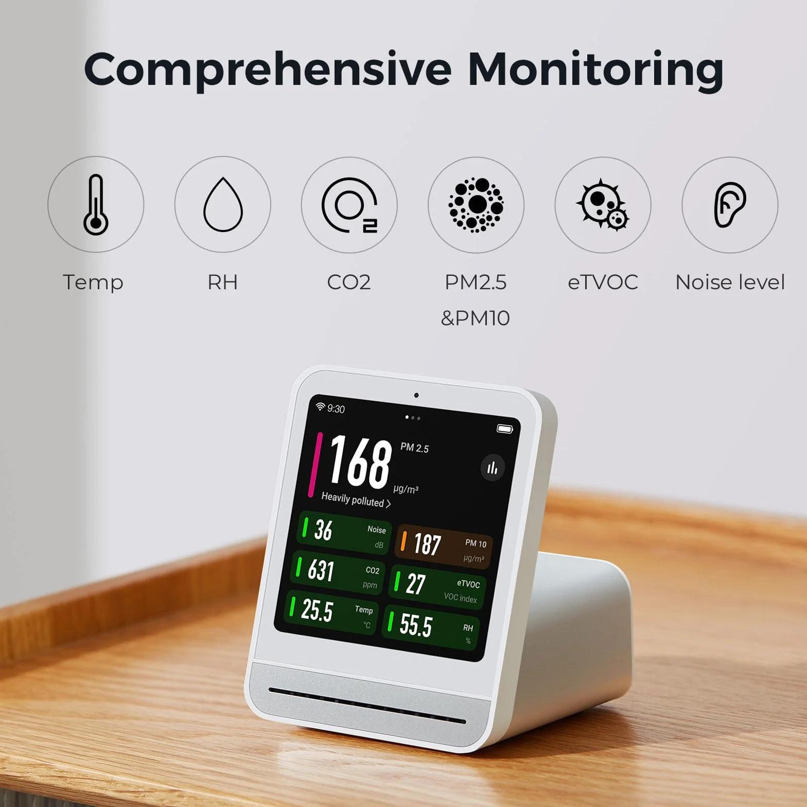 Qingping Air Quality Monitor Gen 2, Air Quality Monitor Indoor Detects PM2.5, CO2, PM10, Noise, Temperature and Humidity, New Upgraded Alarm Clock Function, Air Quality Tester for Bedroom (Black)
