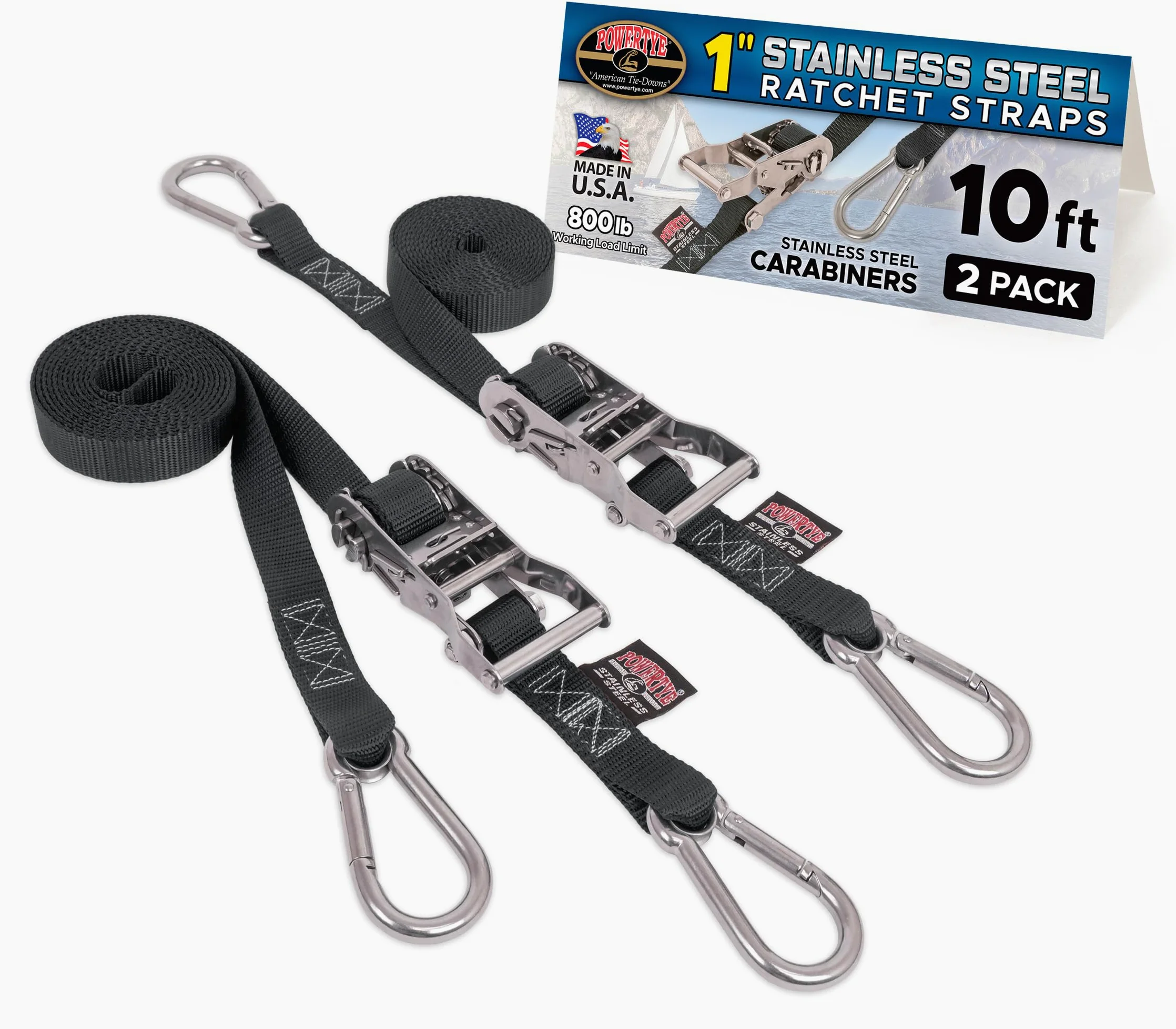 PowerTye Correas de trinquete de acero inoxidable de 1 pulgada x 10 pies con ganchos de mosquetón de acero inoxidable, carga de trabajo de 800 libras/resistencia a la rotura de 2400 libras, para
