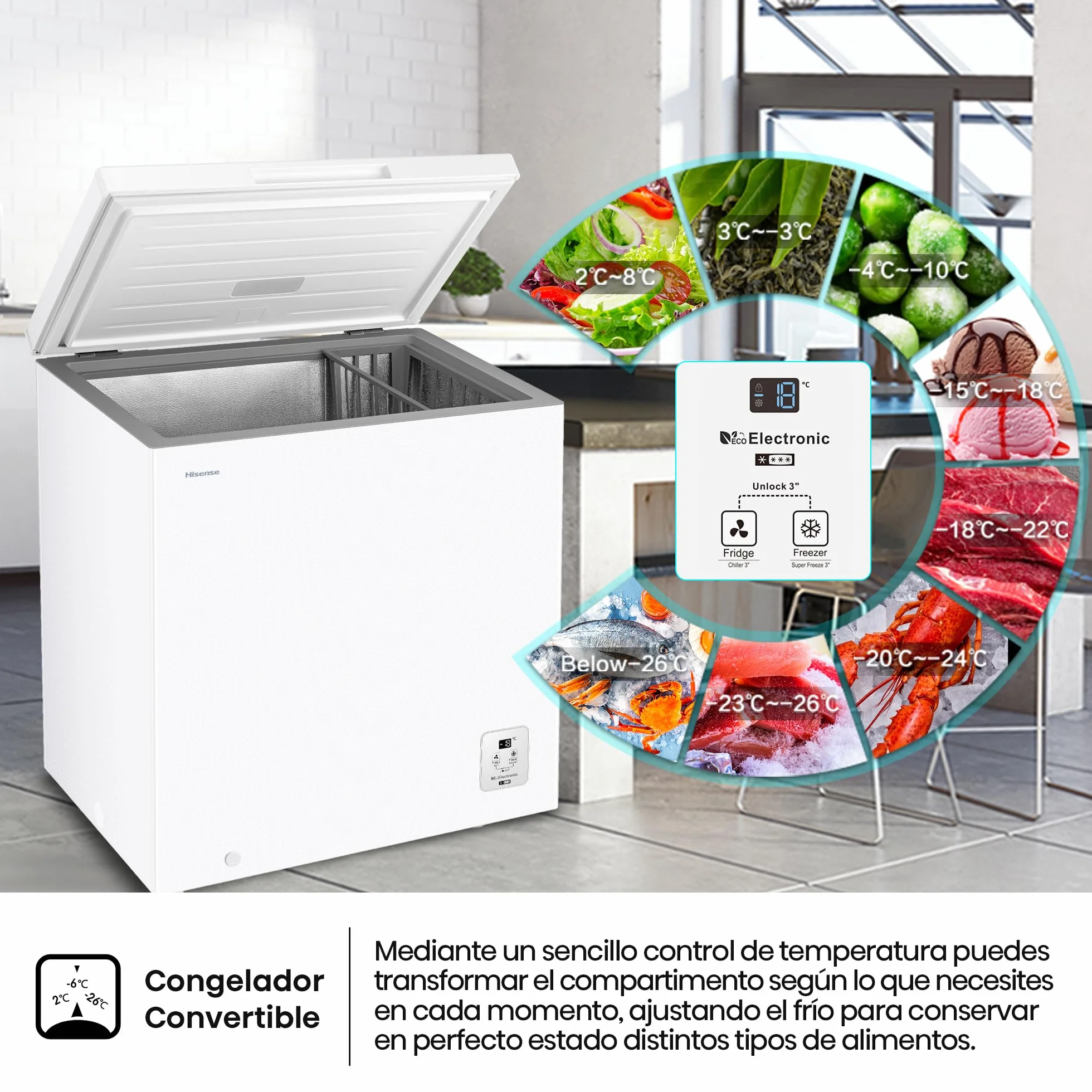Hisense Arcón Congelador Horizontal 198L 86cm Congelación 360° Congelador Convertible Control Electrónico Temperatura Freezer Protect Blanco