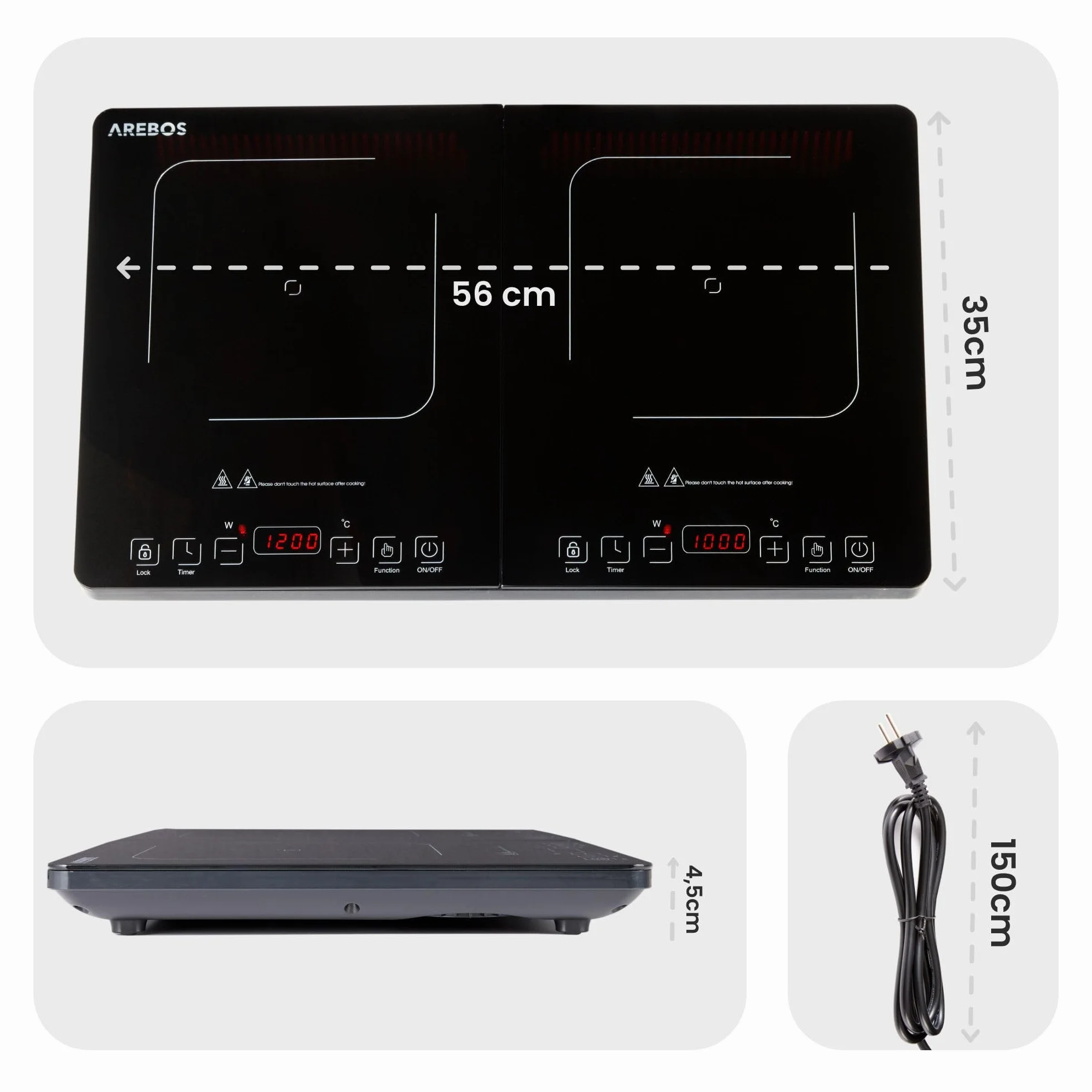 Arebos Placa de inducción doble 3500W 2 zonas cocción pantalla táctil temporizador portátil