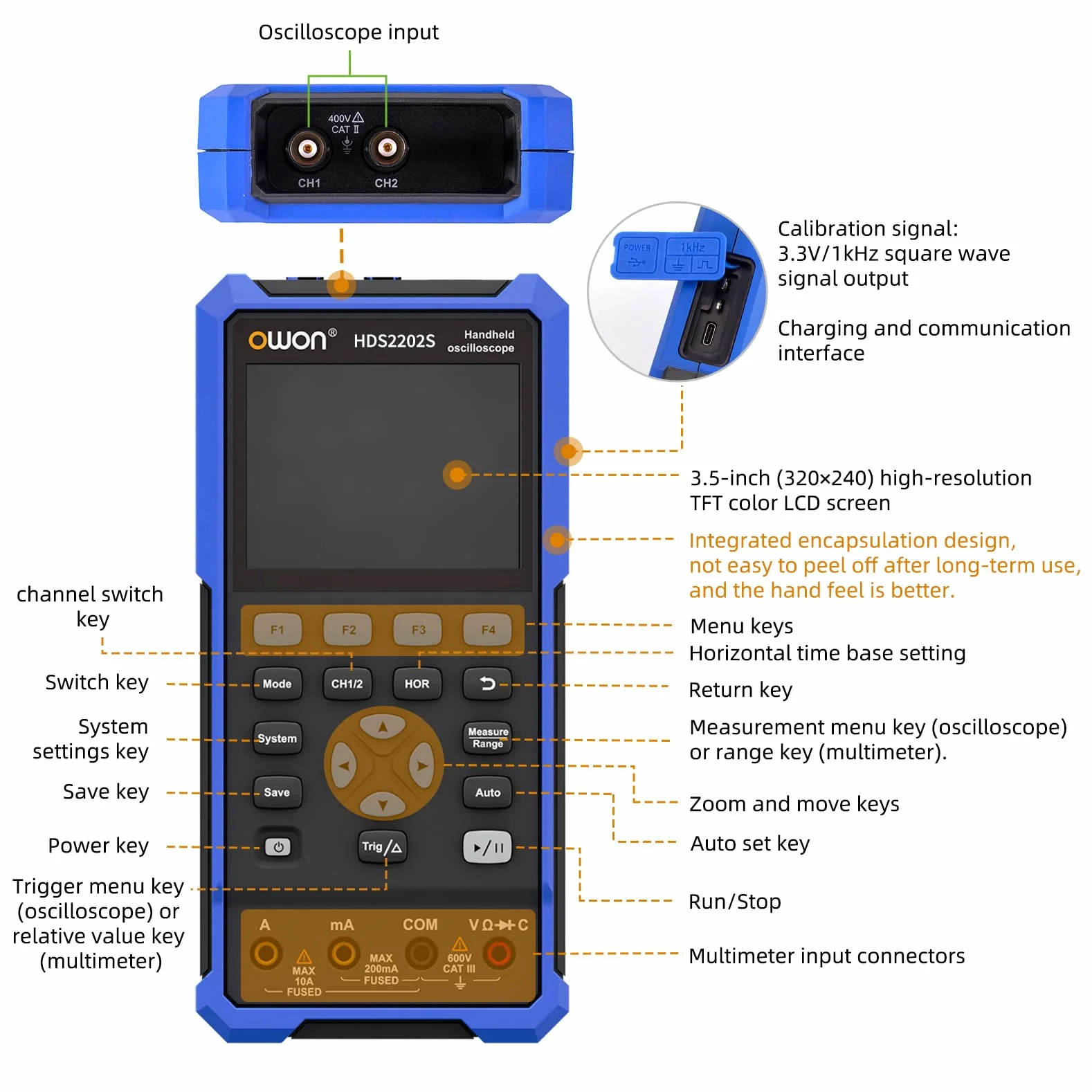 OWON HDS2202S Osciloscopio 3 en 1 Osciloscopio portátil profesional para PC 200 MHz, multímetro digital de 20000 cuentas, pantalla LCD de 3,5 pulgadas, herramienta de prueba universal