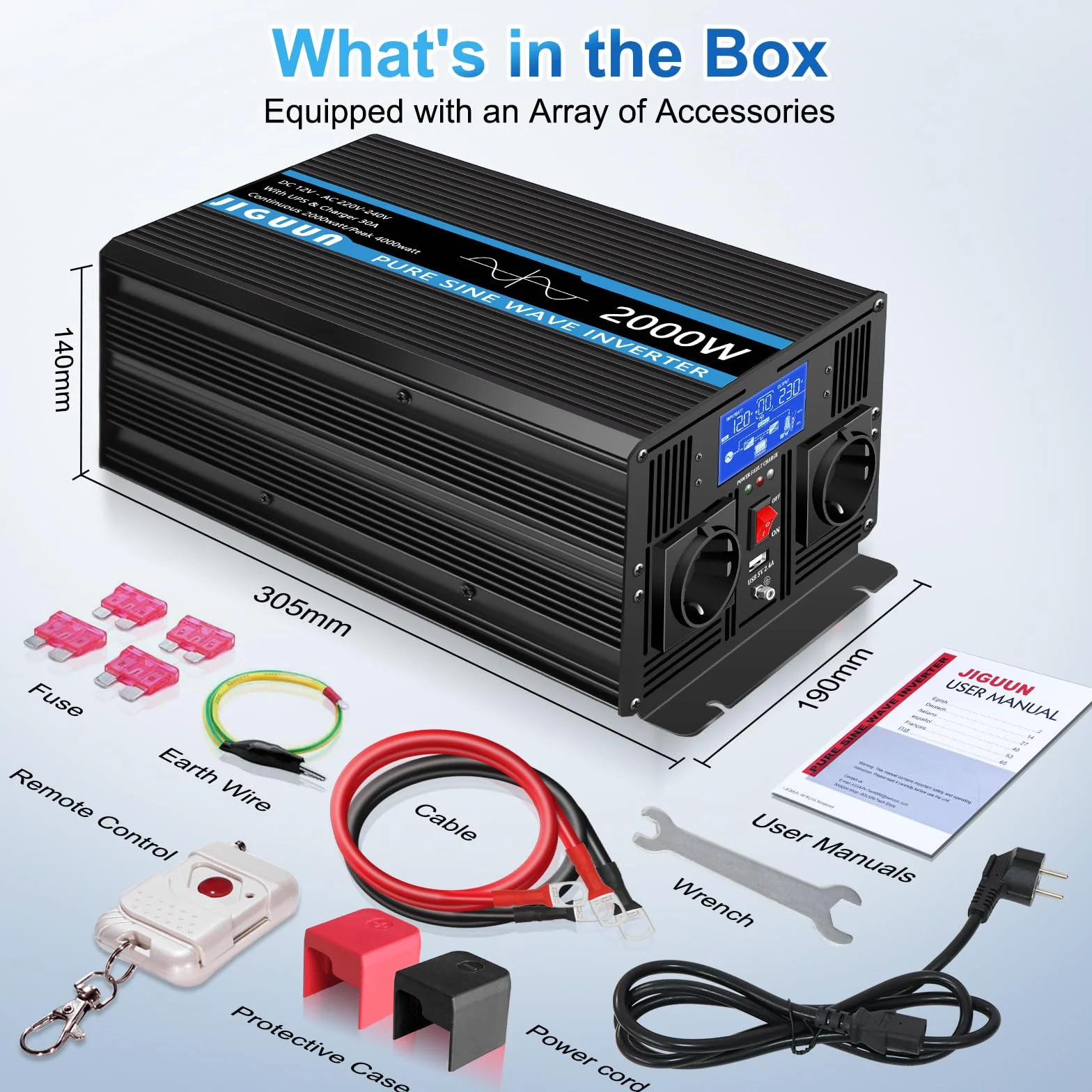 JIGUUN 2000W Inversor 12V 220V Onda Pura Inverter con Cargador 30A y Circuito Prioritario de Red y SAI，2 Tomas EU, Mando a Distancia Inalámbrico y Pantalla LCD Potencia Pico 4000W