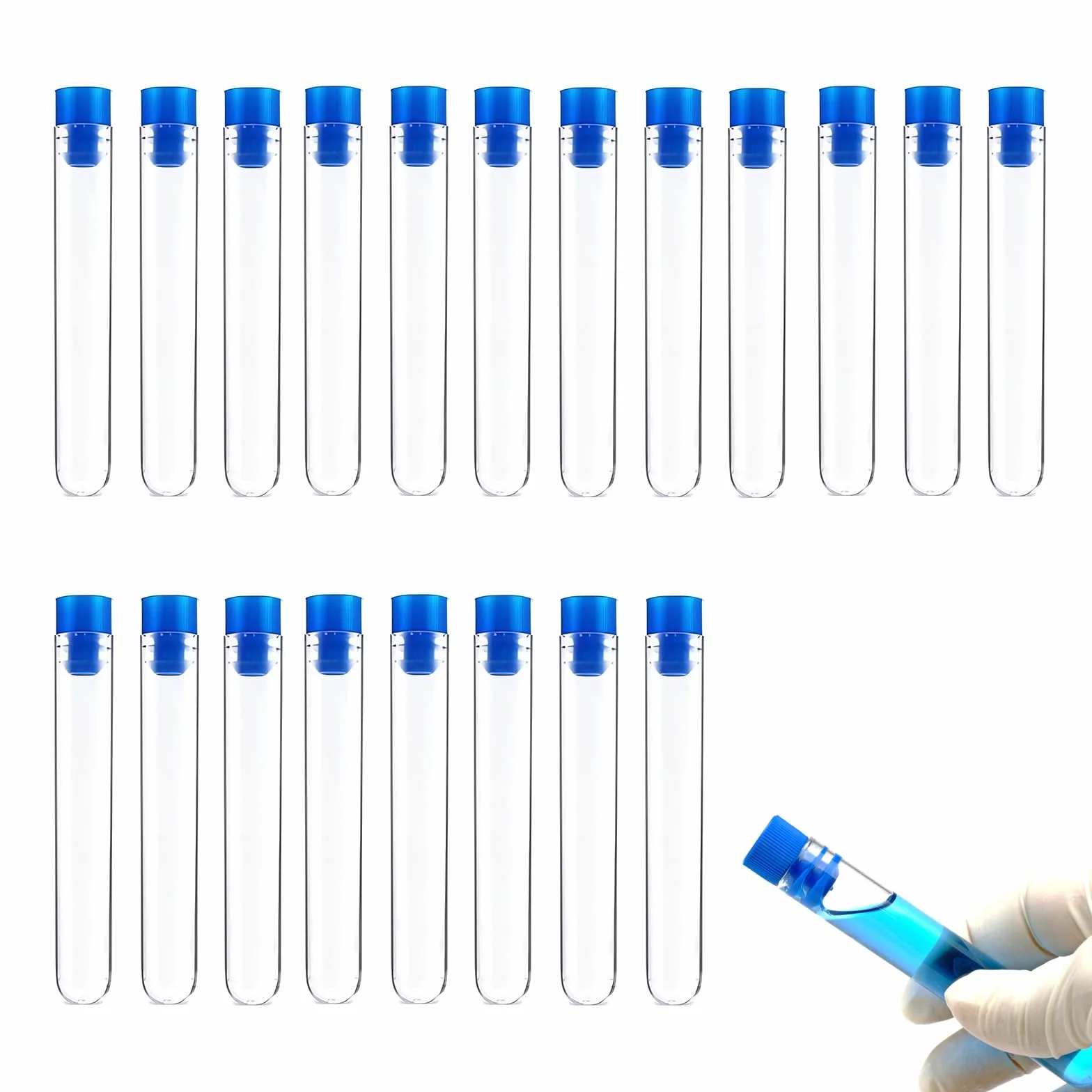 Probetas Plástico Tubos de Ensayo 20 Piezas Transparente con Tapas 100 x Ø15 mm