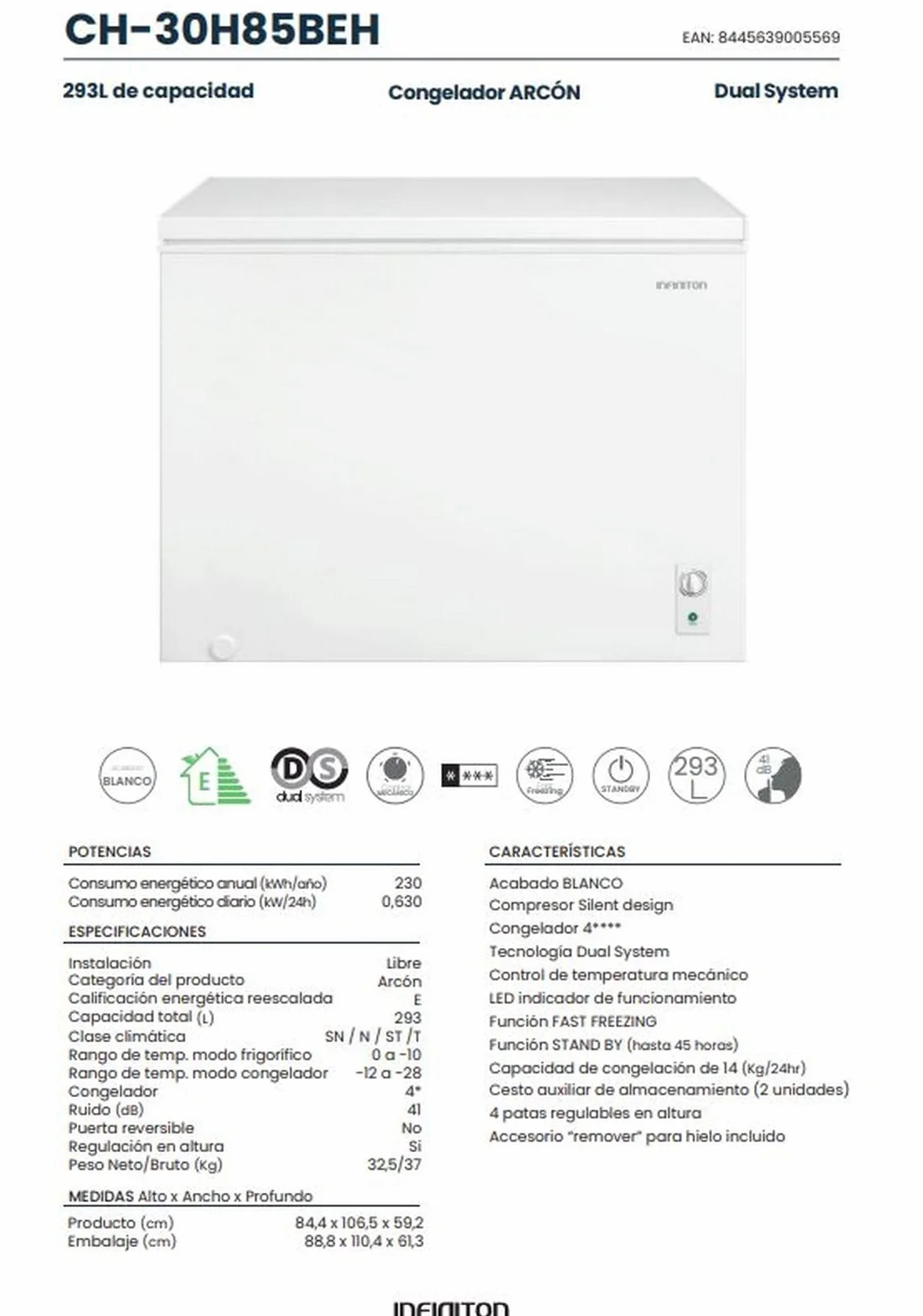 INFINITON Arcon Congelador CH-30H85BEH 293L FAST FREEZING STAND BY Blanco Compresor Silent design