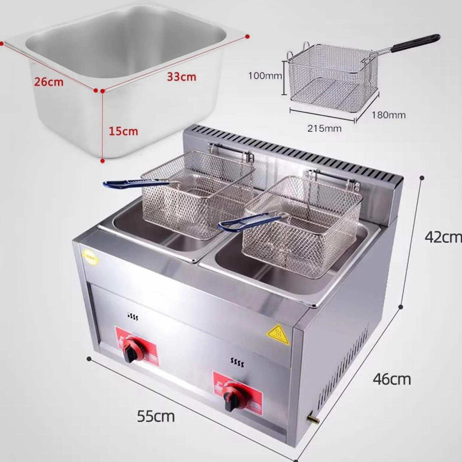 Freidora de gas, freidora de gas profesional de acero inoxidable comercial con cesta y tapa, Freidoras 2x10L Doble Tanque para encimera de restaurante comercial Máquina (10L+10L)