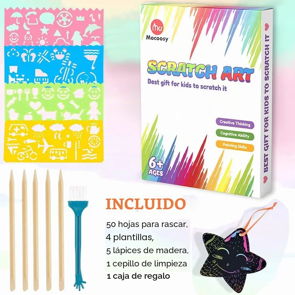 Mocoosy Juego de 60 piezas Papel Artístico para Rascar para Niños - Arcoíris Scratch Art Kit con 4 Plantillas 5 Lápices