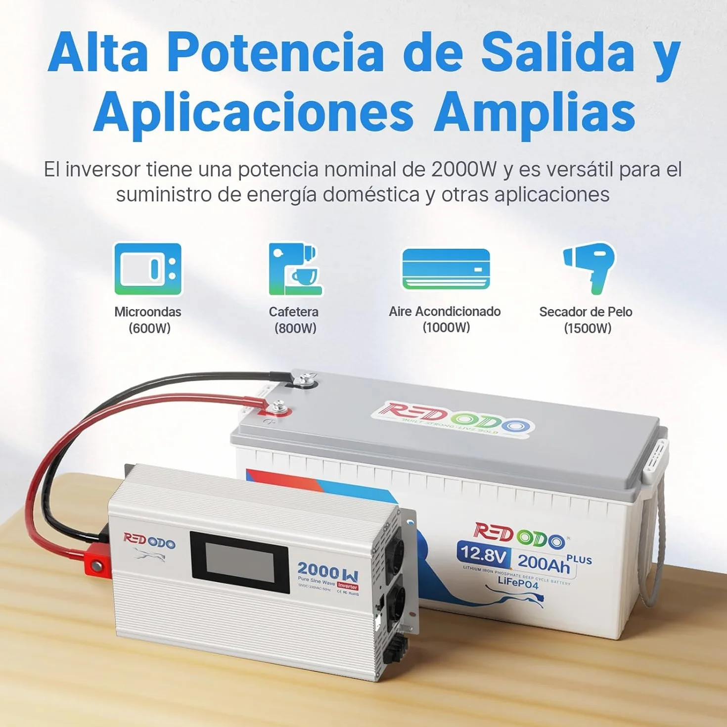 Redodo Inversor Onda Sinusoidal Pura 2000W 2V DC a 230V AC Convertidor para Camping,Inversor Energía Solar con 2xSalidas de CA,Pantalla de Monitorización con Visualización de Estado en Tiempo Real
