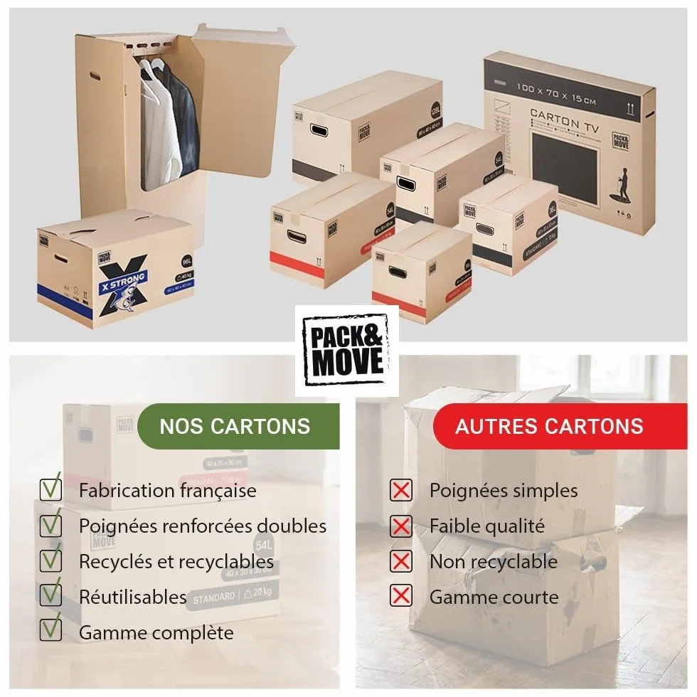 Pack and Move - Lote de 30 cajas de almacenamiento estándar, 60 x 30 x 30 cm, asas reforzadas, 2 adhesivos