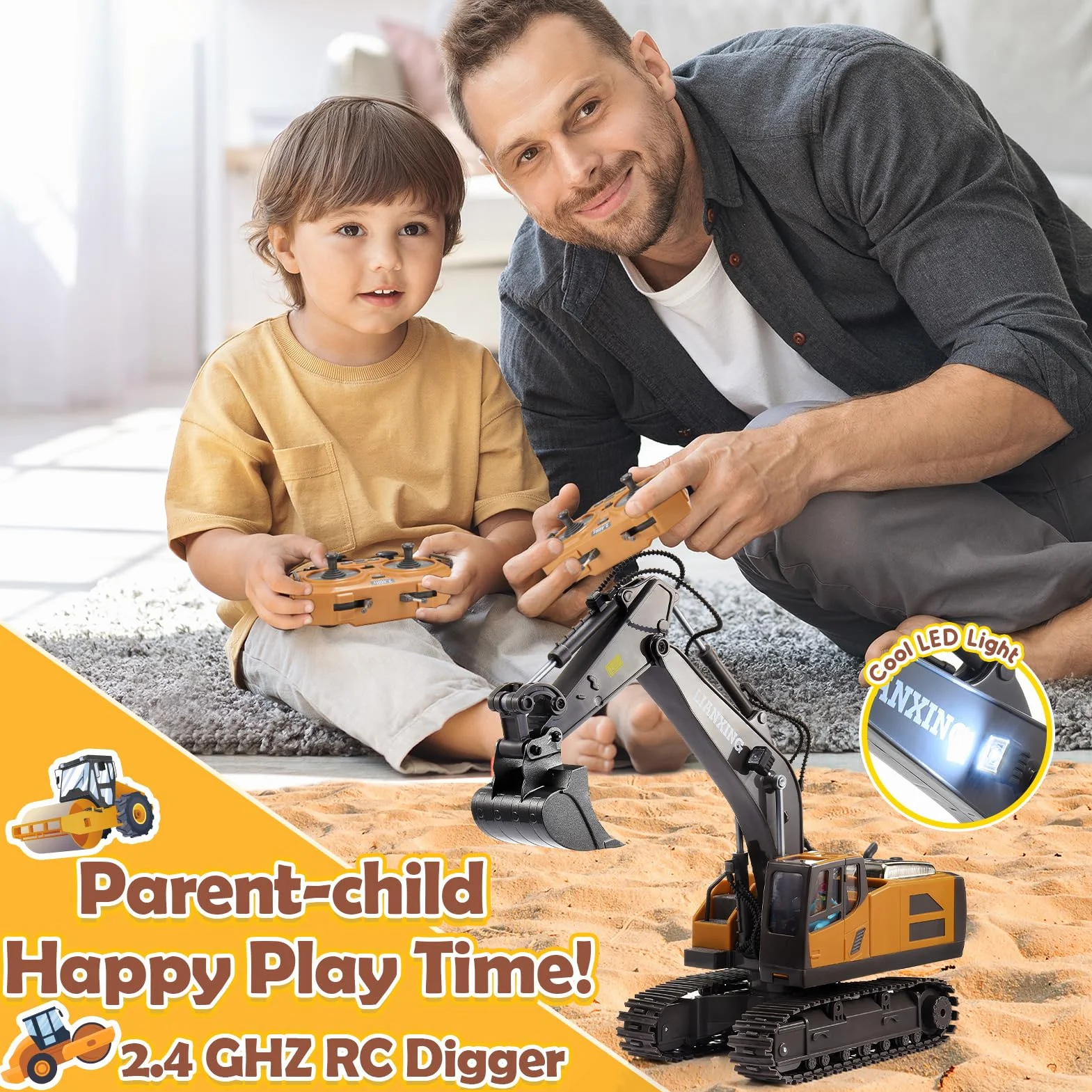 HappyGoLucky excavadora teledirigida RC 1:20 680° rotación con luces juguete para niños 3-8 años