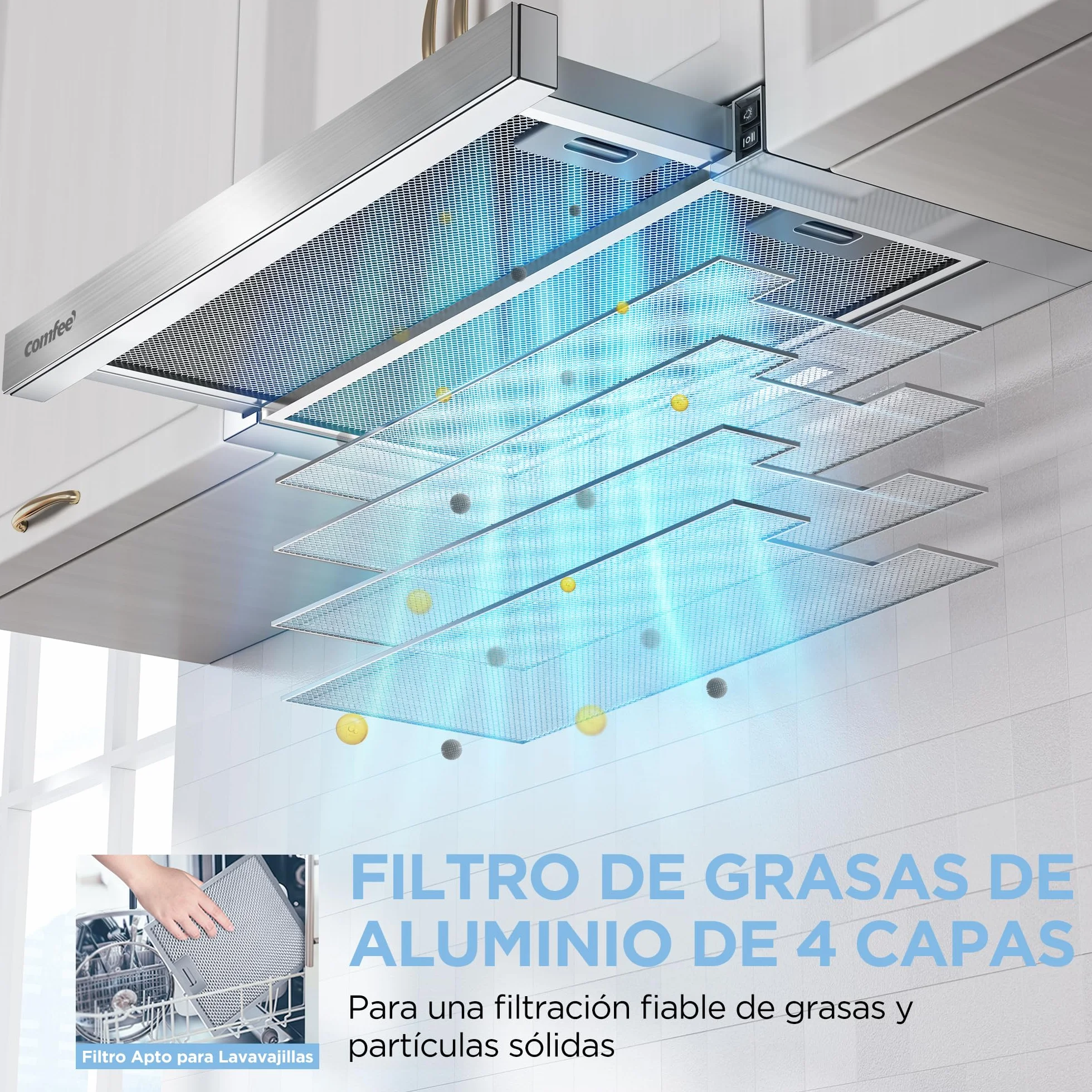COMFEE' CHL03M21S Campana Extractora Telescópica Plana 60 cm, Clase A+, 400 m³/h, Plateado