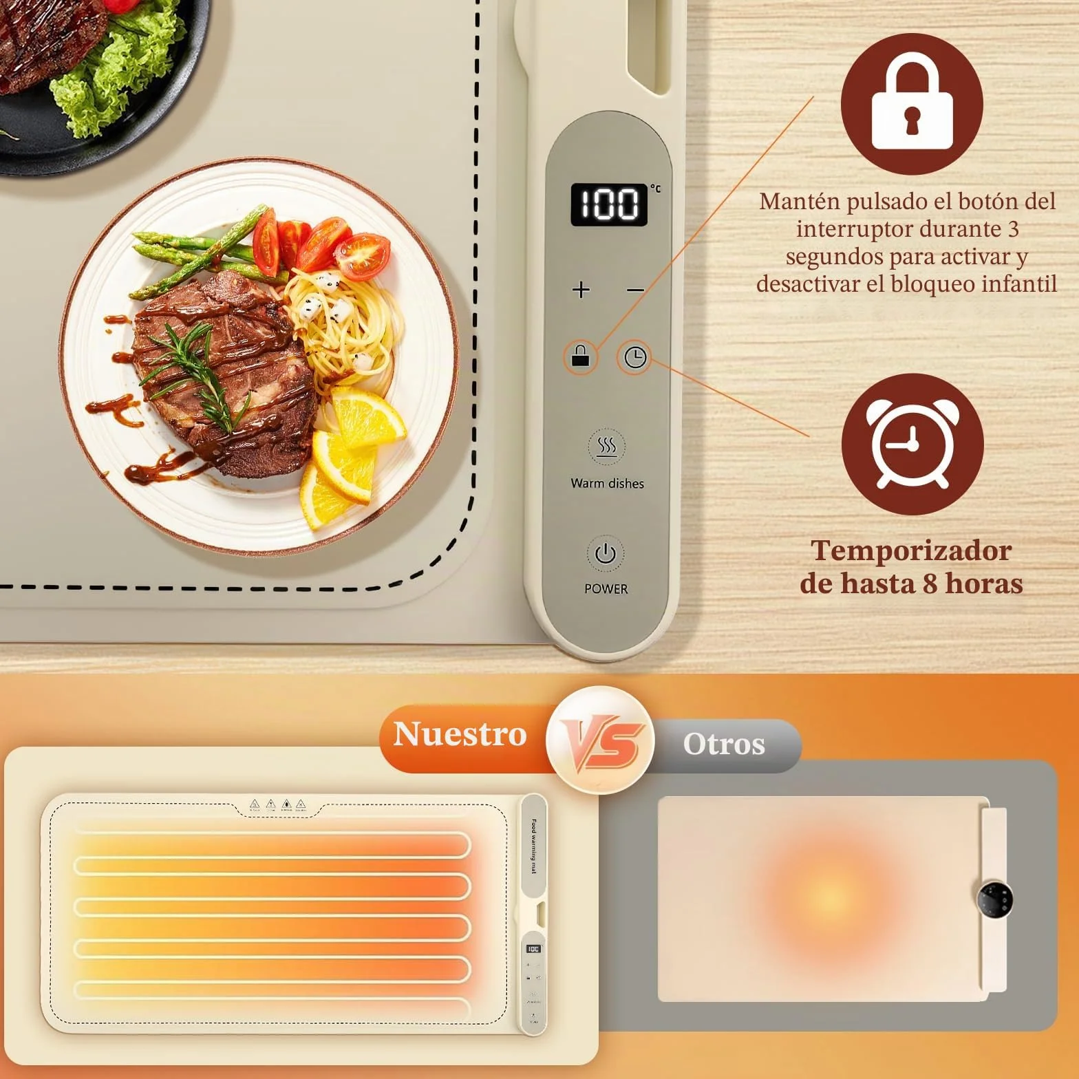 Calentador de Alimentos Eléctrico - Control de Temperatura de 9 Niveles de 40-120 °C - Placa Caliente Flexible y Plegable con Temporizador - Para Bufés, Parrillas, Biberones - Fácil de Limpiar
