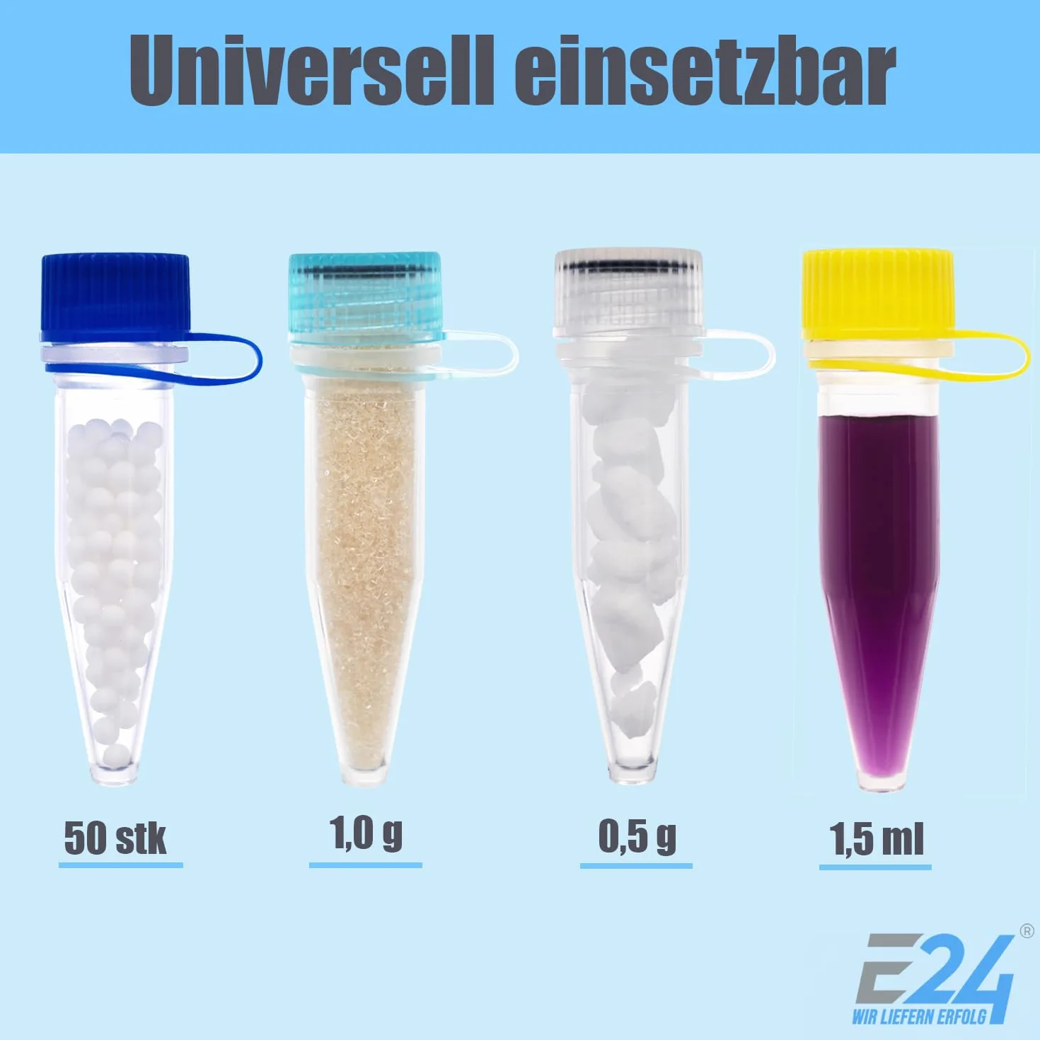 Recipiente de plástico E24 con tapa, tubo de centrífuga de 1,5 ml, cápsulas de coque para llenar (50 unidades, transparentes)