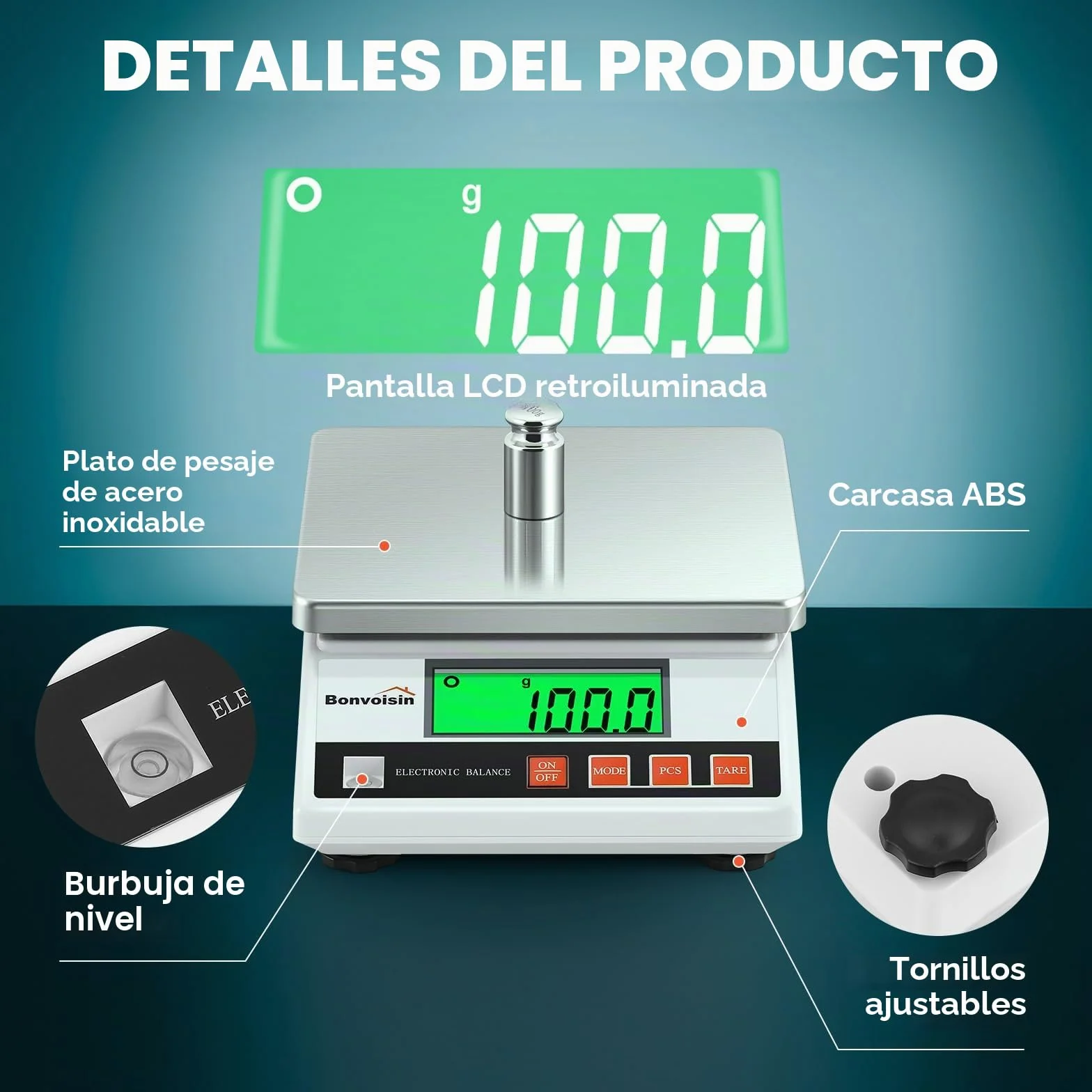 Bonvoisin Báscula de Precisión 6000g/0.1 g, Balanza Cuentapiezas Laboratorio Digital Electrónica Analítica con Certificación CE, Función de Conteo y Tara, Acero Inoxidable, Batería y Cargador (0.1g)