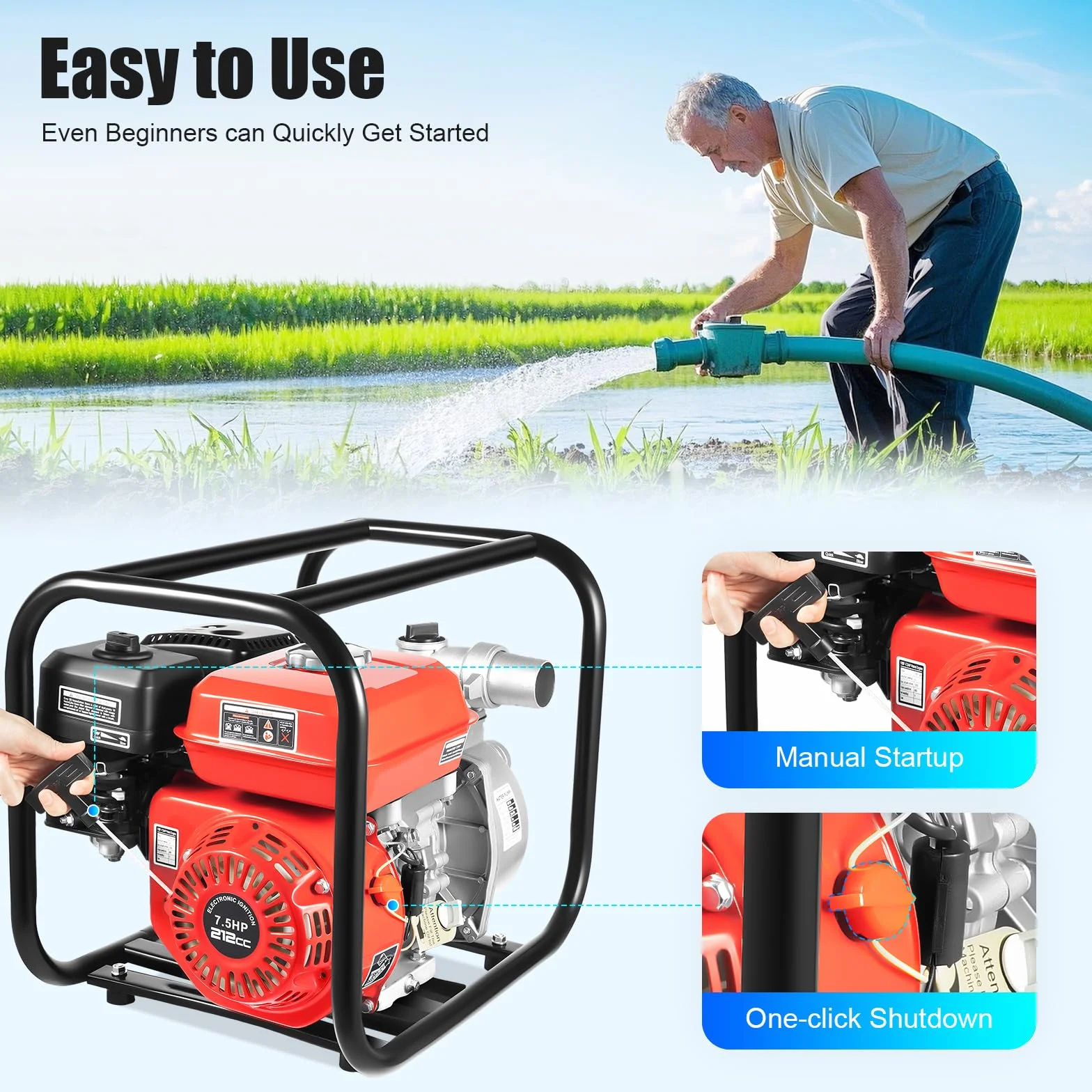 Bomba de agua de gasolina de 7,5 CV, bomba de jardín, bomba de estanque, motor de 4 tiempos, cilindro único, 3600 rpm, 30 m, altura de extracción de 2 pulgadas, diámetro de entrada, volumen de