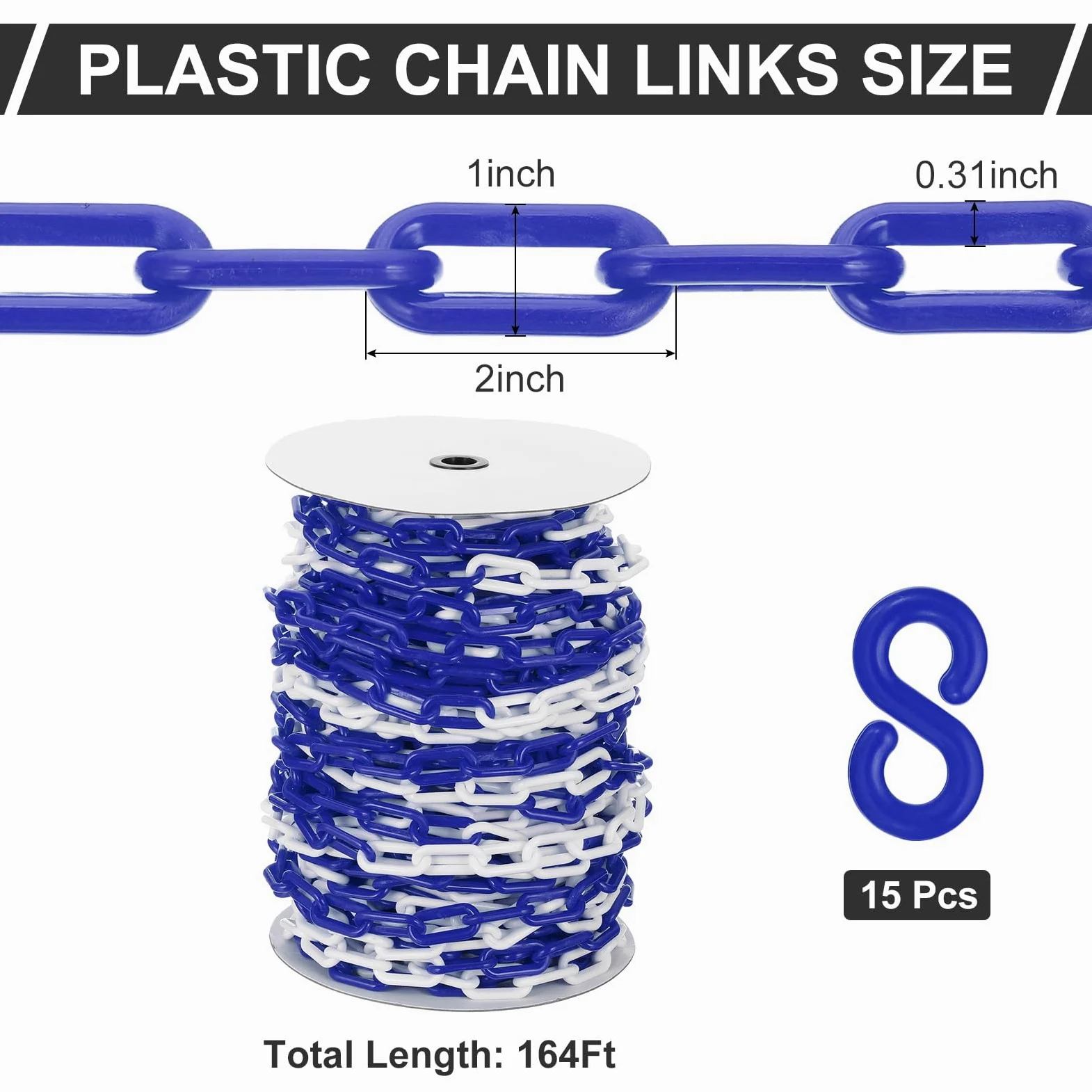 PATIKIL Cadena de plástico azul/blanco, 164pcs 8mm Cadena de barrera de seguridad de plástico grande Larga para control de multitudes, estacionamiento, cerca