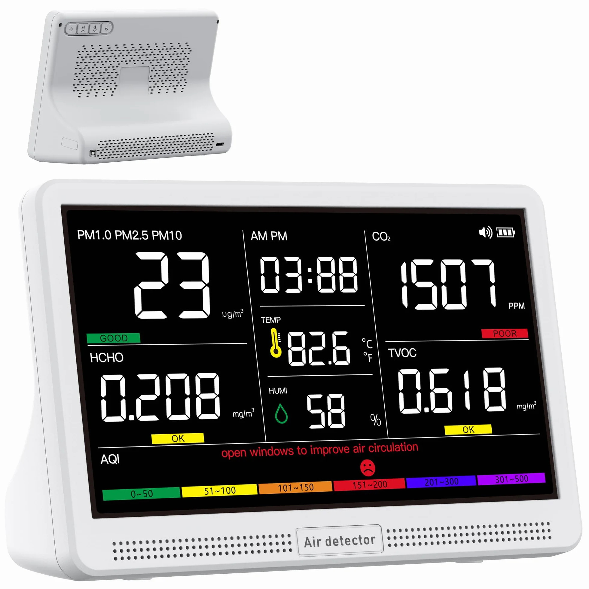 bonoch Monitor de Calidad del Aire 16 en 1 para Interiores con Pantalla de 7" – 9 AQI + 7 Alertas AQI – Medidor de CO2, TVOC, PM2.5, PM1.0, PM10, HCHO, Temperatura, Humedad, AQI y Hora – Para Hogar