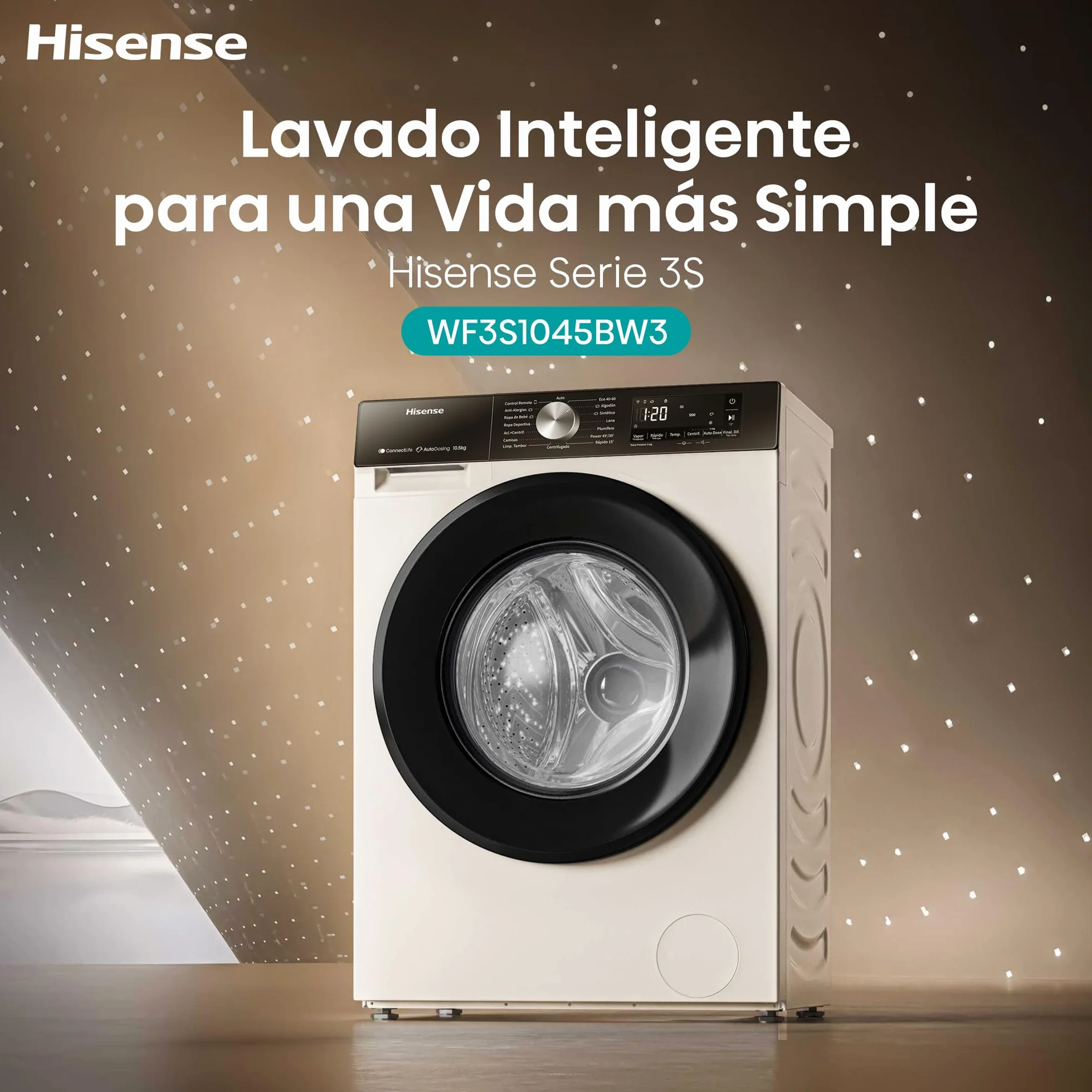 Hisense WF3S1045BW3 Lavadora 10.5 kg Clase A WiFi Auto Dosificación Hygiene Guard Vapor 99.9% Blanco