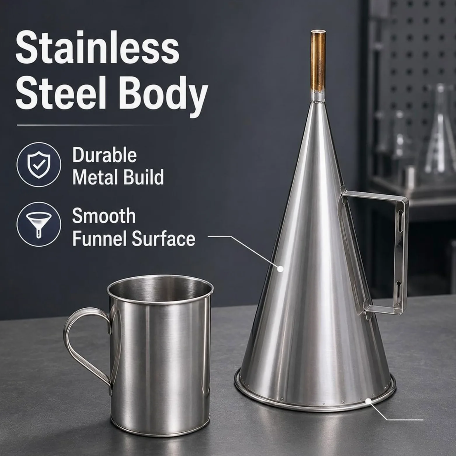 Viscómetro de embudo Marsh de 12", juego de detectores de prueba de acero inoxidable con vaso medidor de 946 ml, tamaño de malla de pantalla de 1,6 mm (malla 12), con vaso medidor de 946 ml