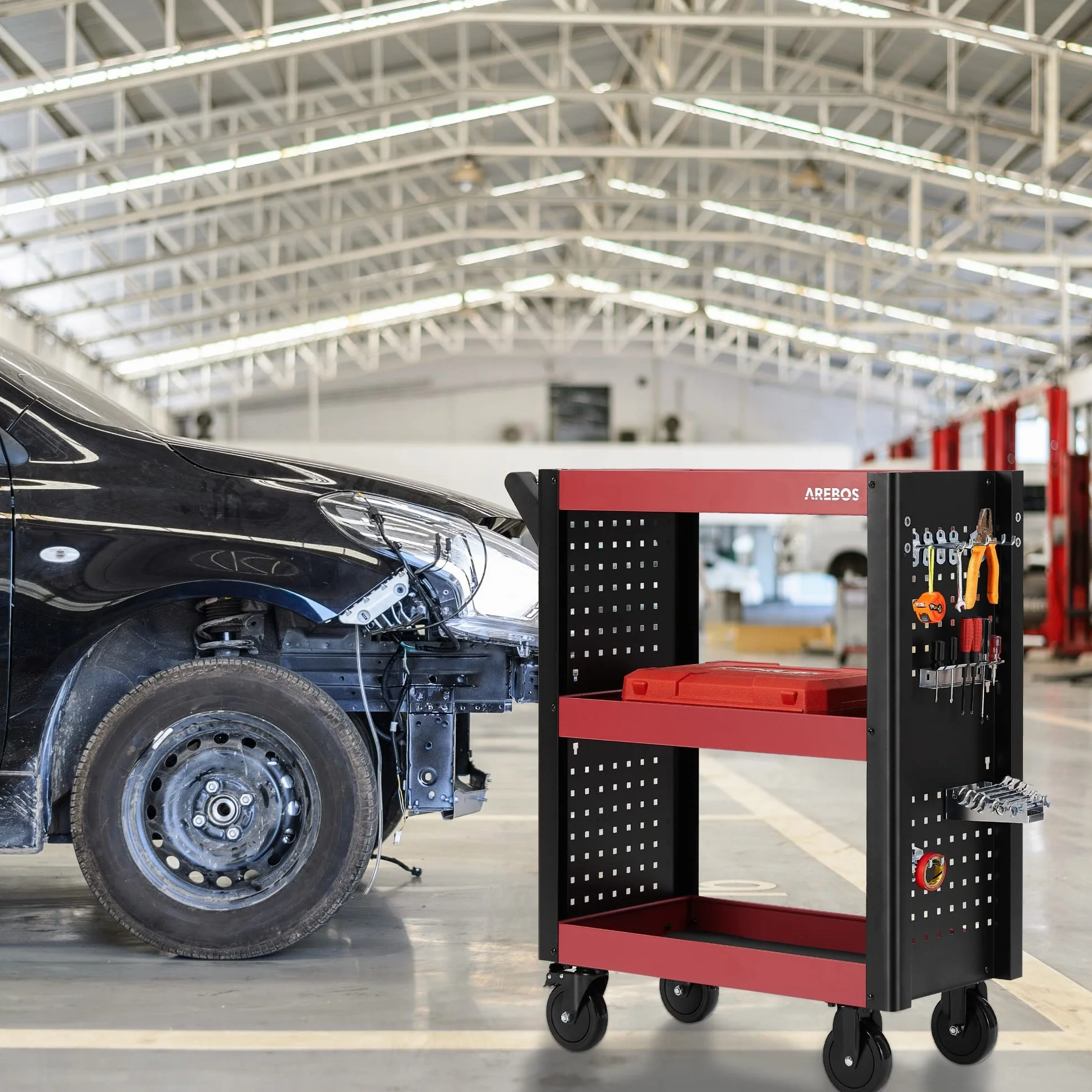 Arebos Carro de Servicio Multifuncional | 3 Compartimentos | Taller, Herramientas, Transporte y Almacenamiento | Estanterías Multiuso | Rojo/Negro