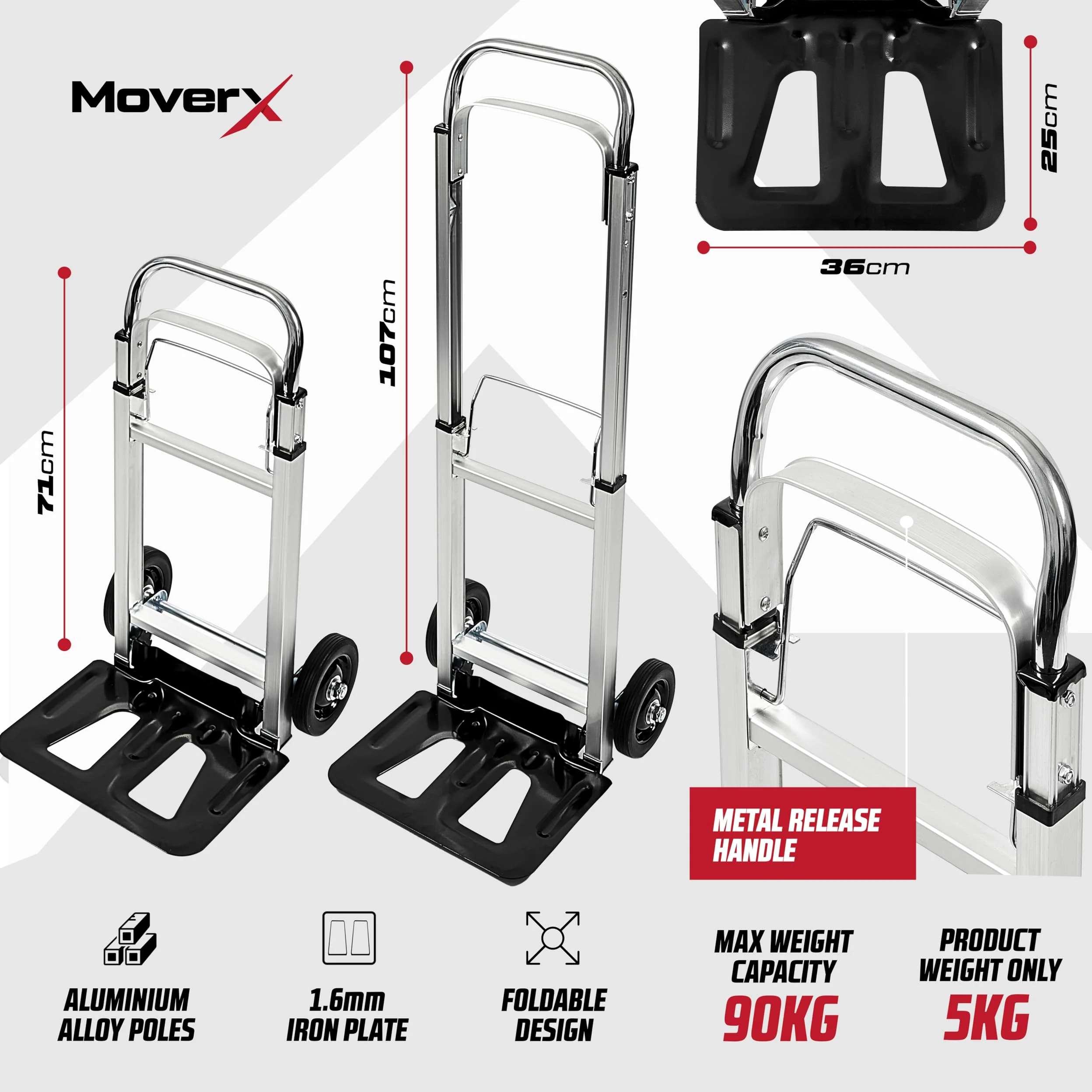 MoverX Carretilla de mano plegable de aluminio, carro de mano resistente con ruedas, carrito de transporte multiusos, 90 kg