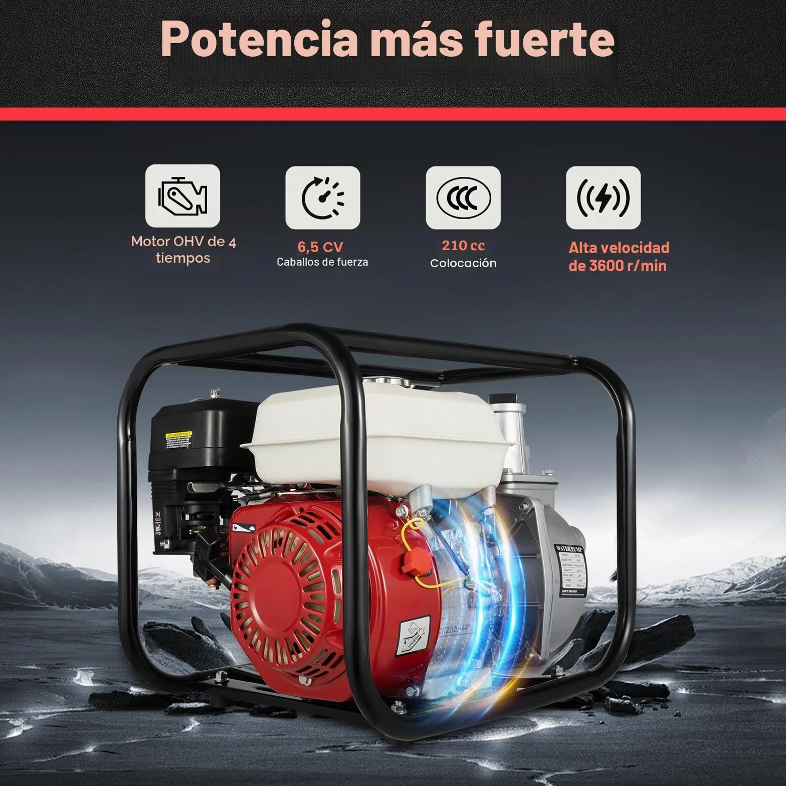 Bomba de agua gasolina 6,5 CV, motor de 4 tiempos 210 cc Motobomba de agua a gasolina, 4,8kW Bomba de jardín 2 pulgadas | Caudal 36 m³/h | elevación: 28 m | succión: 7 m | Riego, Drenaje
