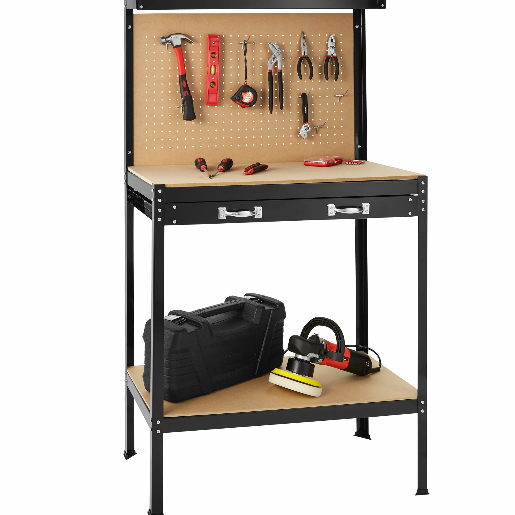 Tectake Banco de Trabajo Taller 81x41x145 cm con 12 Ganchos Panel Herramientas Cajón Grande