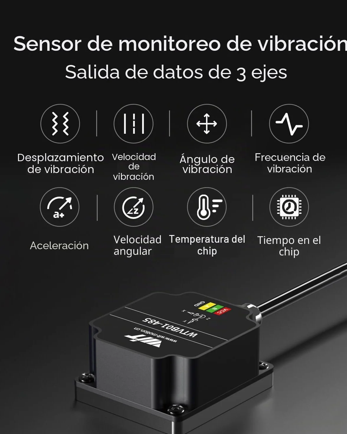 [Sensor de Vibración Modbus RS485] WTVB01-485, transductor impermeable IP68, detector de vibración de aceleración y velocidad angular de 9 ejes, módulo de monitorización de motores.