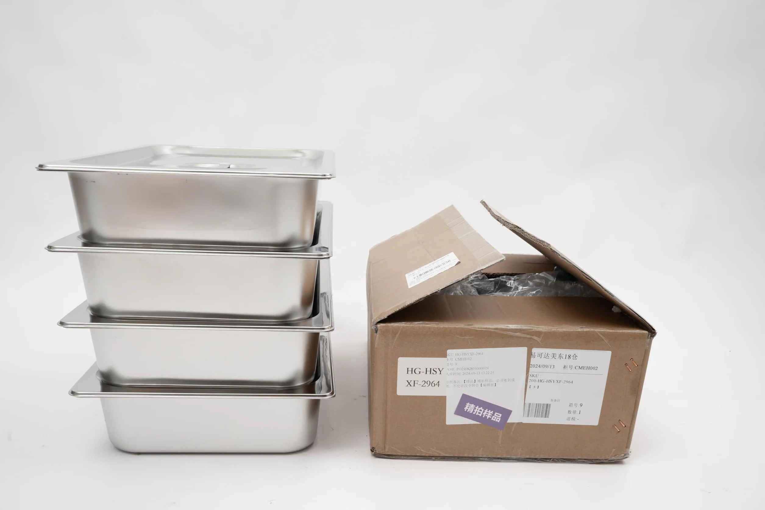 Juego 4 recipientes para comida acero inoxidable rectangular tapa buffet catering plateado