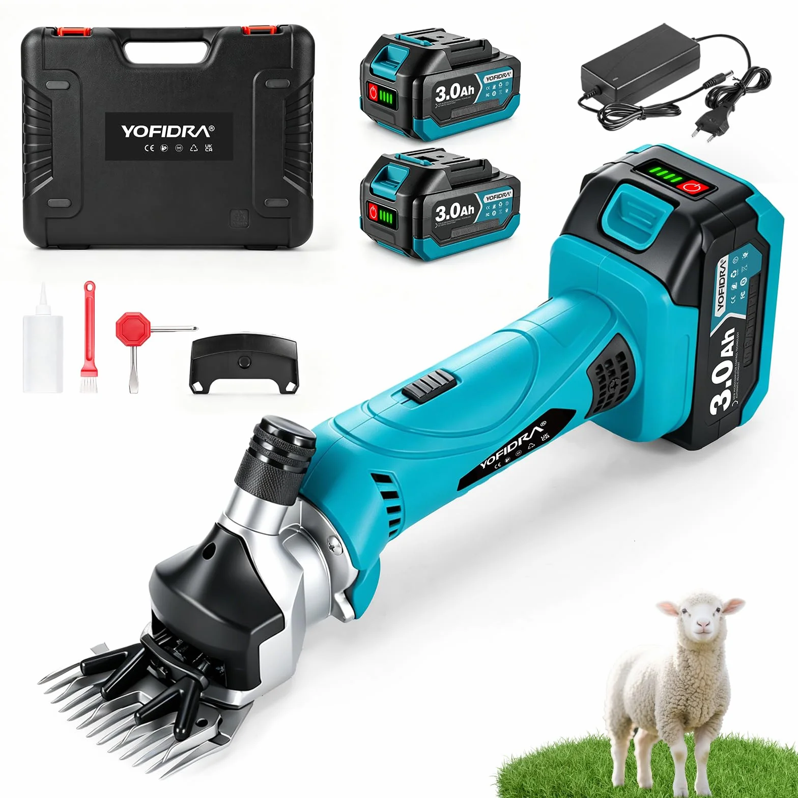 Yofidra Maquina Esquilar Ovejas de 550 W, Esquiladora Inalámbrica con 6 Velocidades, Cuchilla de 13 Dientes, 2 Baterías de 3000 mAh, Esquiladora Profesional para Lana de Ovejas, Cabras y Alpacas