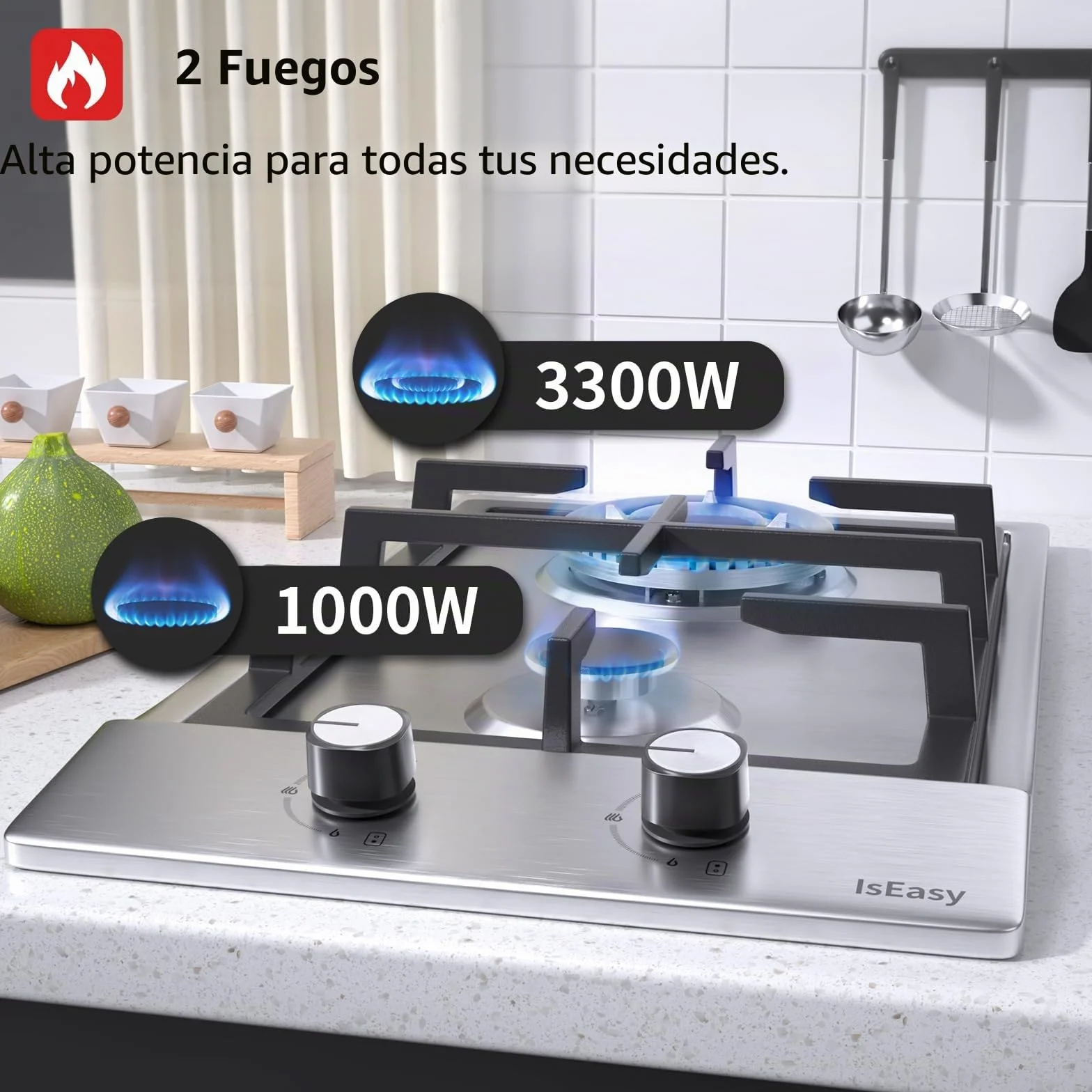 Placa de cocción a gas acero inoxidable encimera 2 fuegos