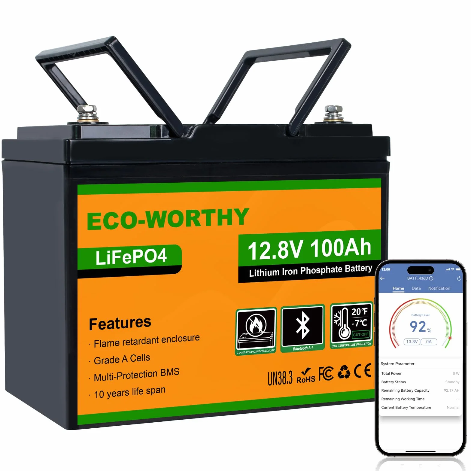 ECO-WORTHY Batería LiFePO4 12V 100Ah Bluetooth BMS Protección Baja Temperatura 1280Wh para Autocaravanas