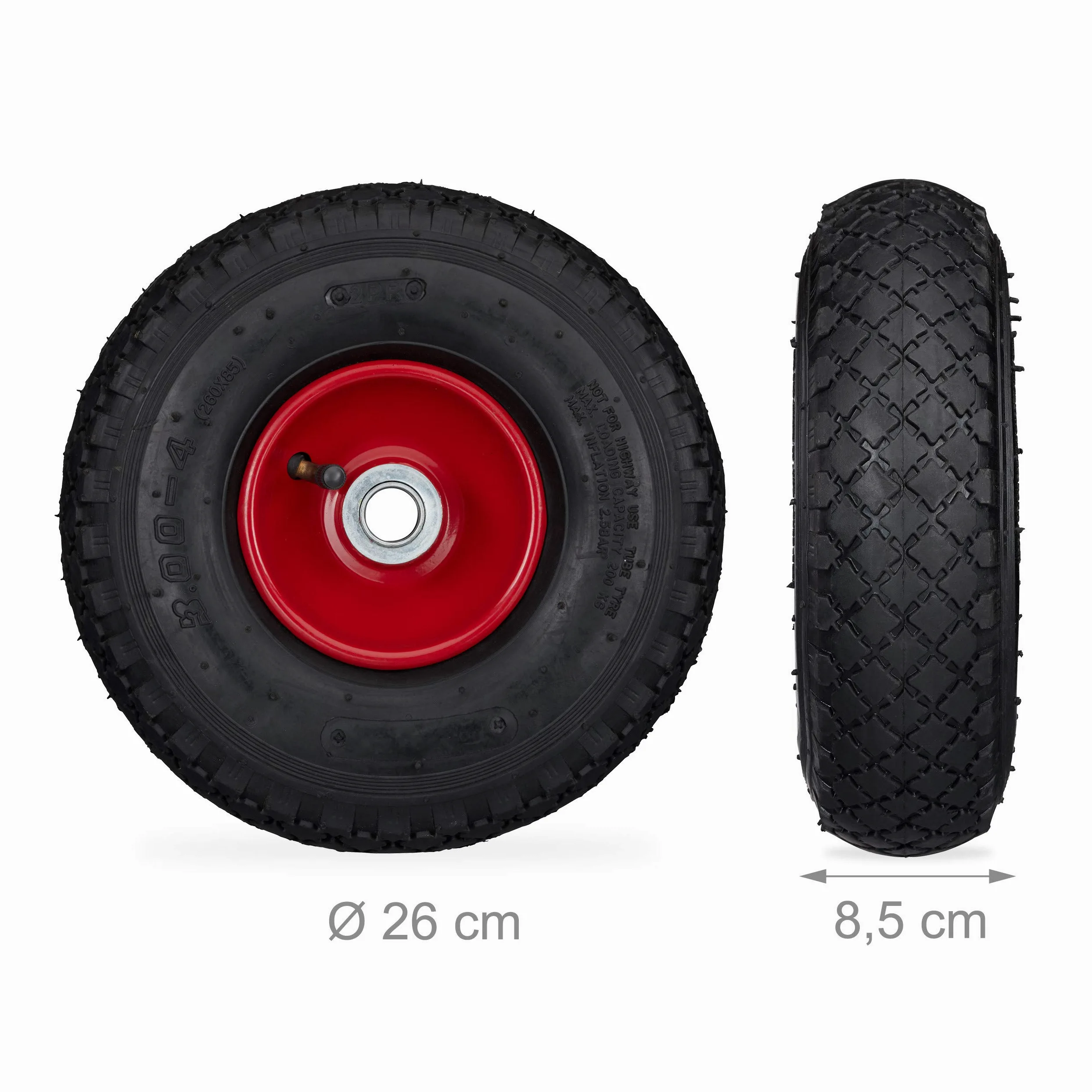 Juego de 8 ruedas de carretilla, 3.00-4, Hasta 100kg, Llanta de acero, 260 x 85 mm, Negro-rojo