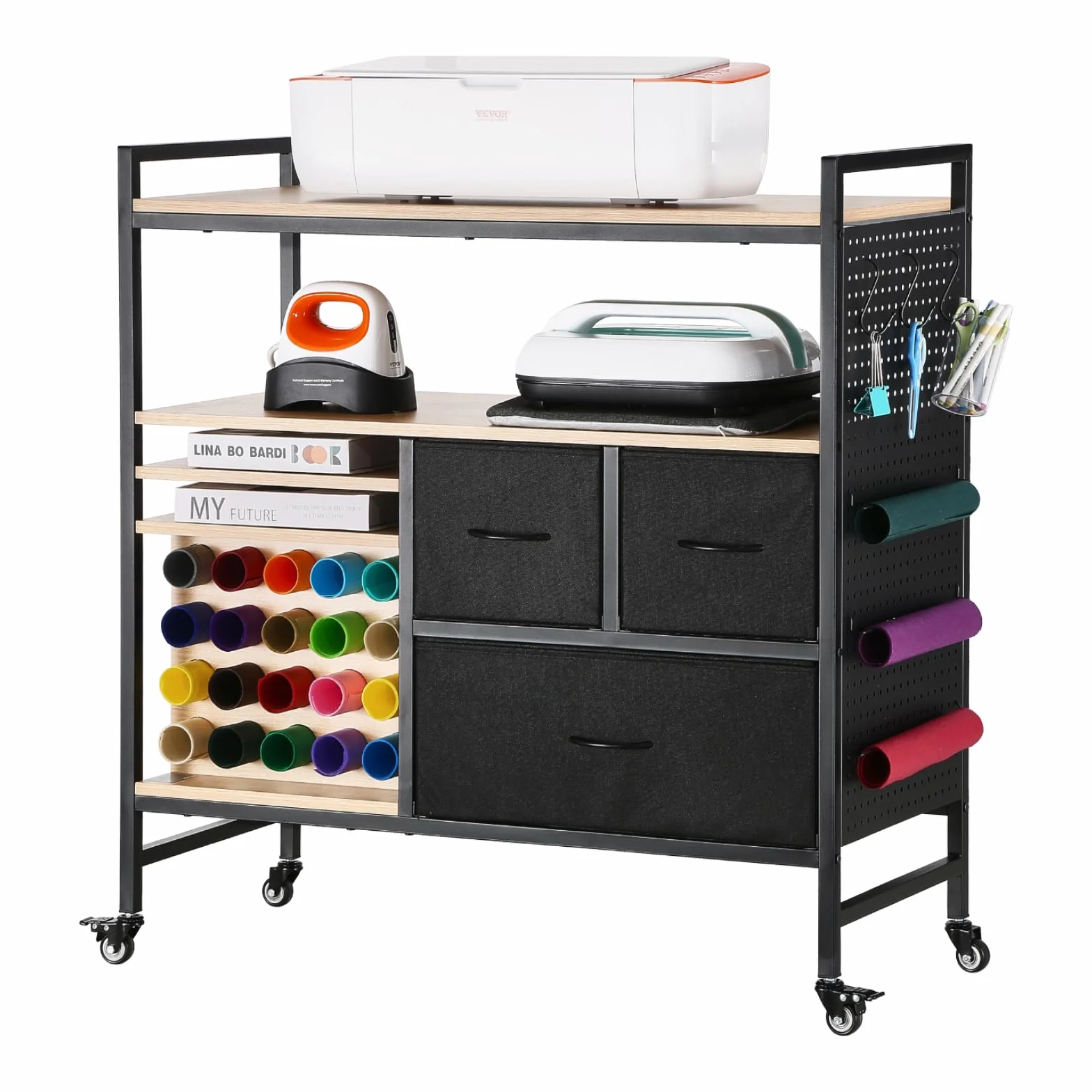 VEVOR Carrito de Manualidades con Ruedas y Mesa de Almacenamiento, Mesa Cricut Plegable con Lados Plegables, 20 Soportes para Rollos de Vinilo y 3 Cajones, Compatible con Máquinas Cricut, Negro