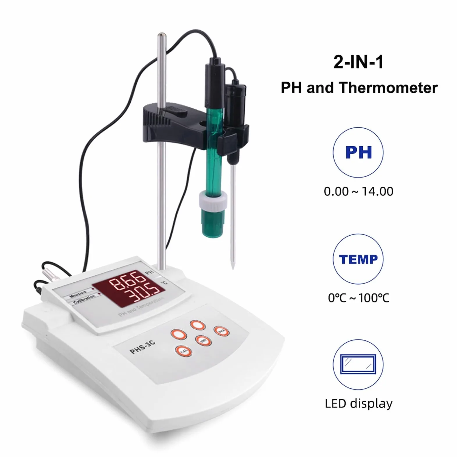 Medidor de pH digital de escritorio, medidor de pH de sobremesa for laboratorio, precisión de pH de ±0,01, pH/temperatura, 2 electrodos, calibración automática de 2 puntos