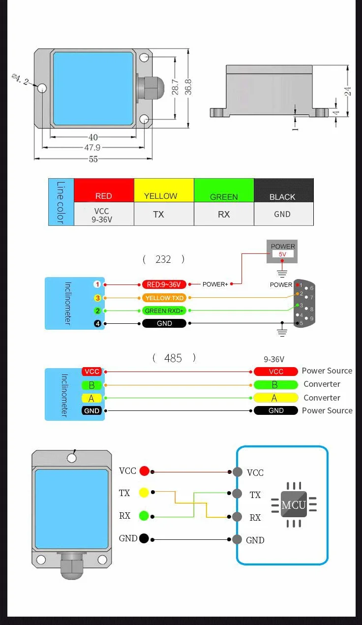 [Acelerómetro + Inclinómetro de grado militar] HWT905-RS485 MPU9250 Giroscopio de 9 ejes + Ángulo (precisión XY 0.05°) + Brújula digital con filtrado Kalman, compensación de temperatura y magnetómetro