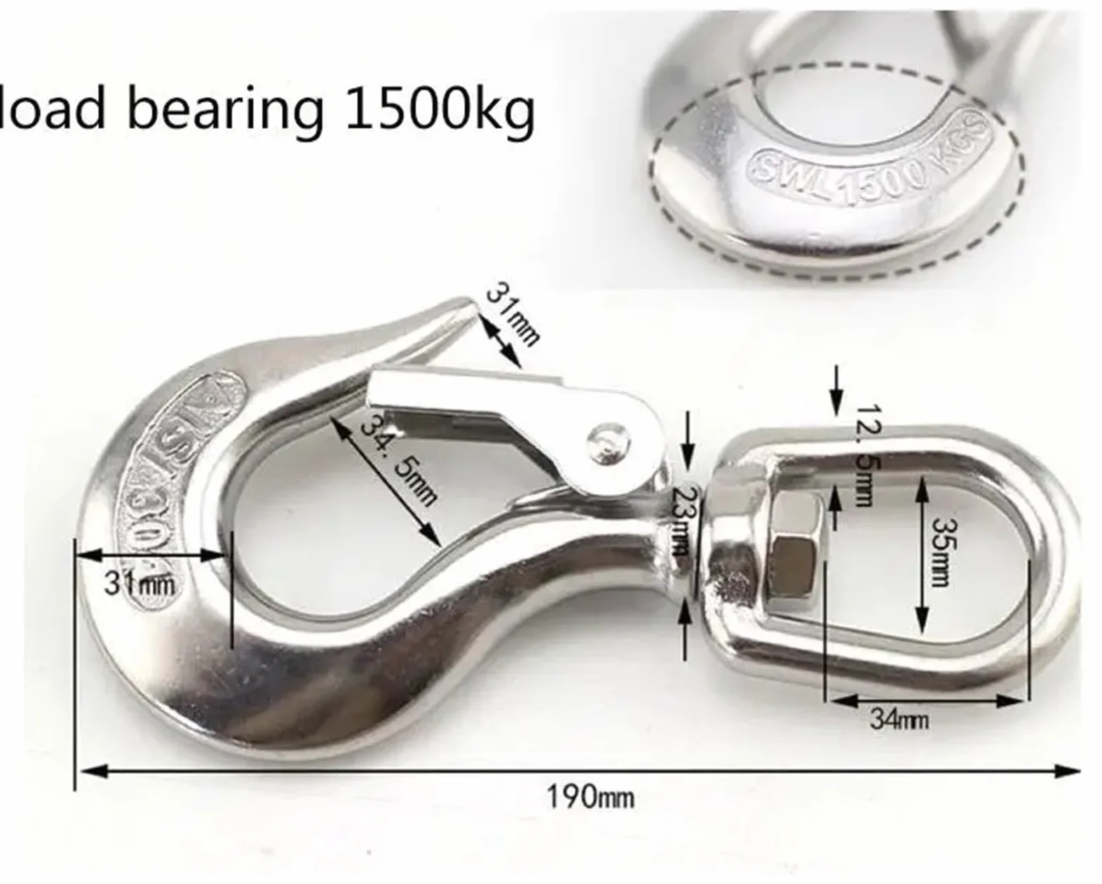 Gancho de elevación de seguridad, gancho de elevación giratorio, carga 150/350/650/1000/1500 kg, rotación de 360 ​​grados, cuerpo grueso, gancho de carga antideslizamiento, acero inoxidable 304(Load 1