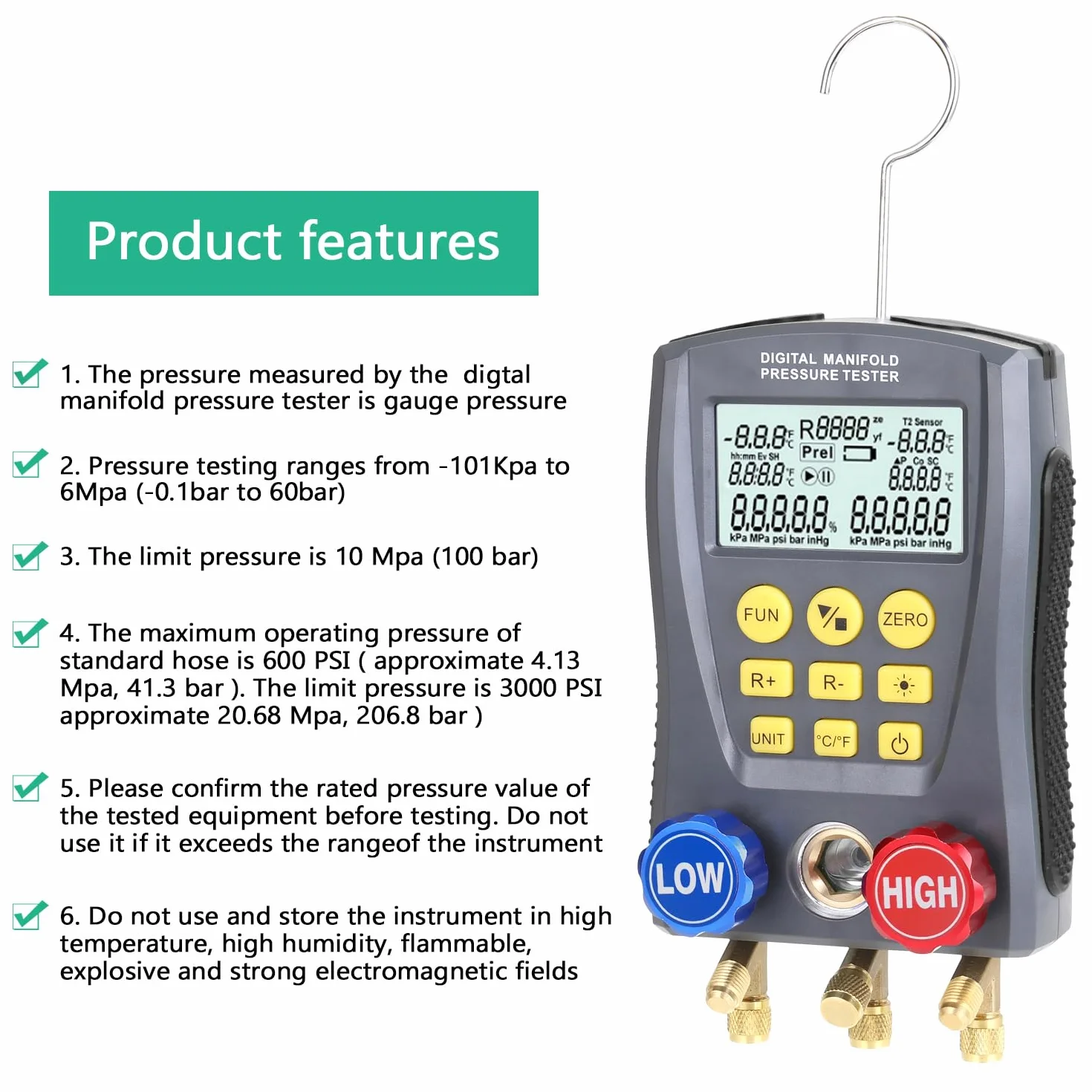 RSFIL Medidor de presión Refrigeración Digital Vacío Presión Colector Probador Medidor Calefacción Ventilación y Aire Acondicionado Probador de Temperatura Válvulas Kit de Herramientas