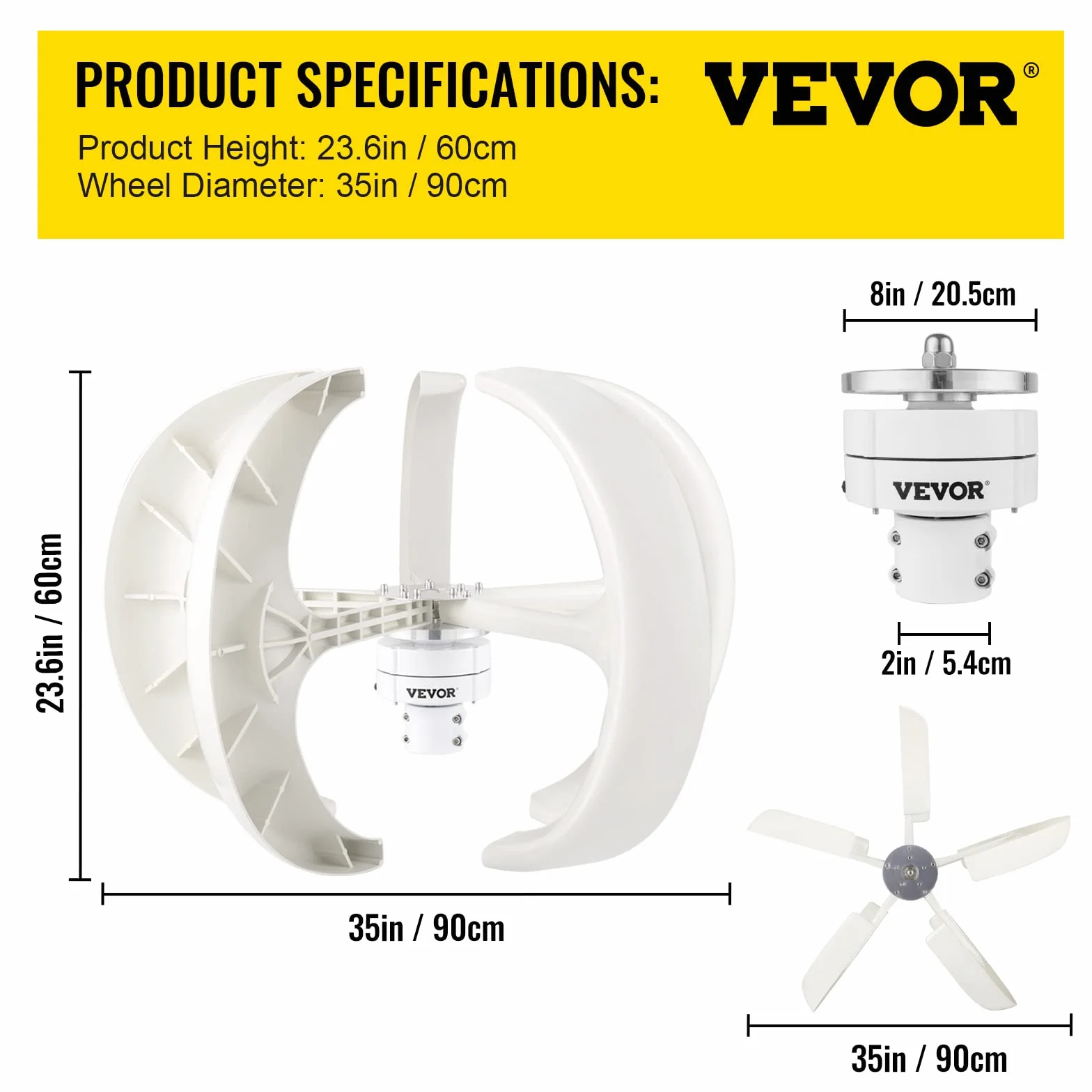 VEVOR Aerogenerador 400W 12V Generador de Turbina Eólica Linterna Blanca Generador de Viento Vertical 5 hojas Turbina de Viento 12V Aerogenerador Eolico