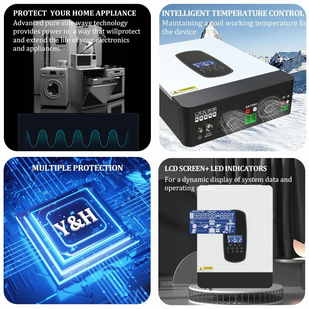 Y&H Inversor Hibrido 24v 3200W DC a 220V/230V AC con 80A MPPT Controlador de Carga Solar, Cargador de Bateria, Todo en Uno Inversor de Onda Senoidal Pura para Casa, RV, Camion, Off-Grid