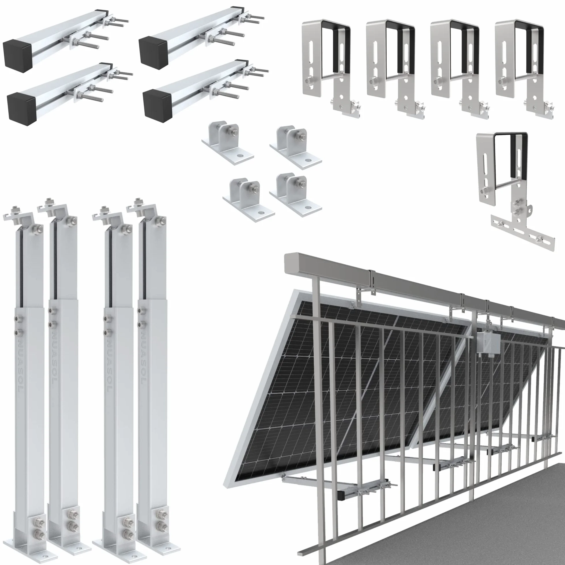 Soporte para planta de balcones, fijación para 2 módulos solares y un inversor fotovoltaico | rectangular | set | ángulo de inclinación 0° y 25-45° | ancho de barandilla hasta 80 x 80 mm,