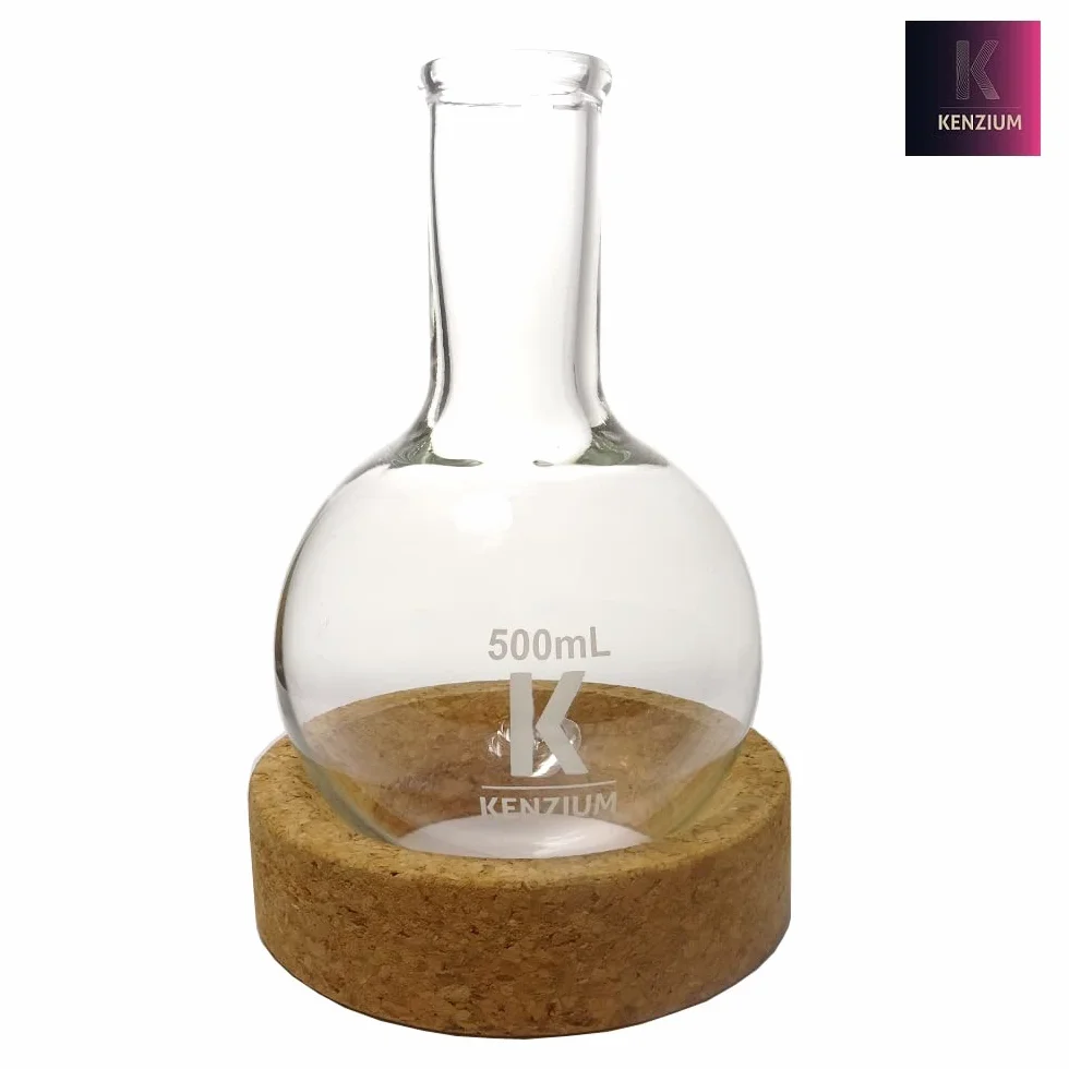 KENZIUM - Pack de 1 Matraz Esférico de Fondo Redondo + 1 Soporte para Balones | 500 ml | Vidrio Borosilicato 3.3 | Cuello Estrecho | Altamente Resistentes, Ideal para Ebullición