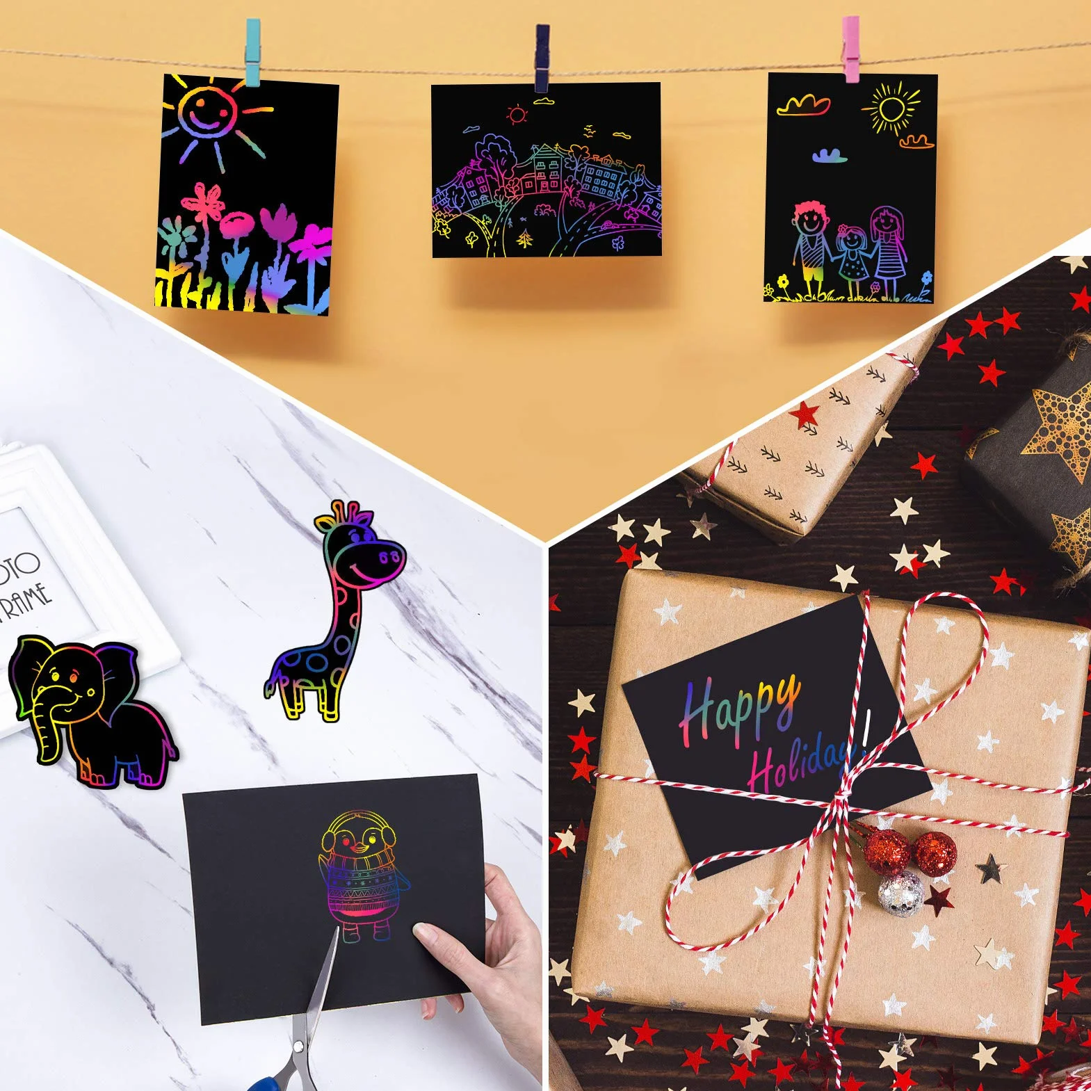 MELLIEX 2 Piezas Scratch Art Paper Notebook Kit de Manualidades Papel de Arte de Rascar con Regla de Dibujo y Plumas de Madera