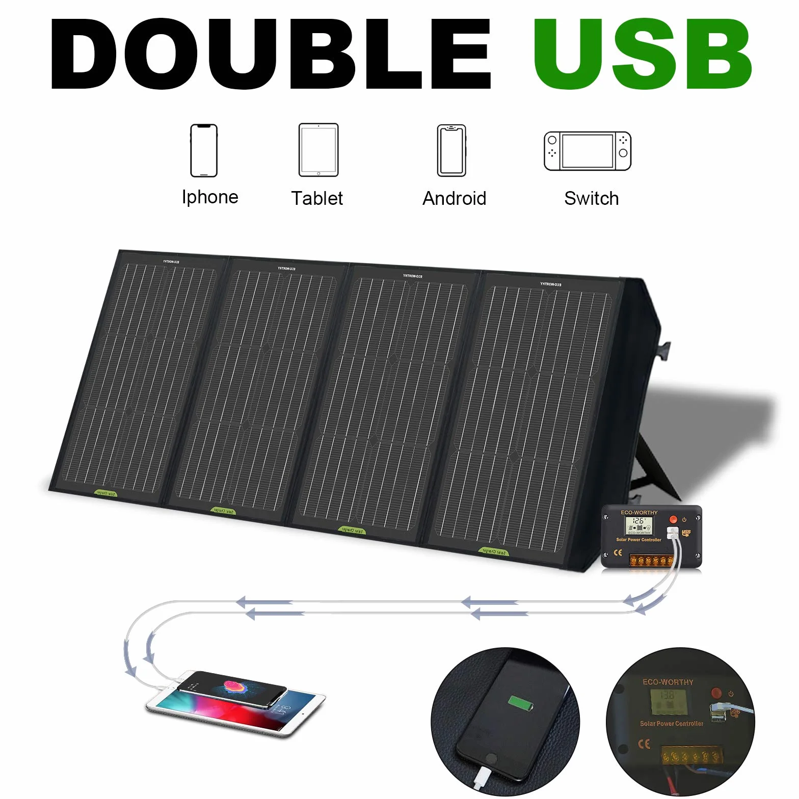 ECO-WORTHY Panel Solar Plegable 120W para Generador Portátil y Batería de RV, Salida CC para Generador Solar, Controlador 20A para Batería SLA/AGM/Litio RV Camping